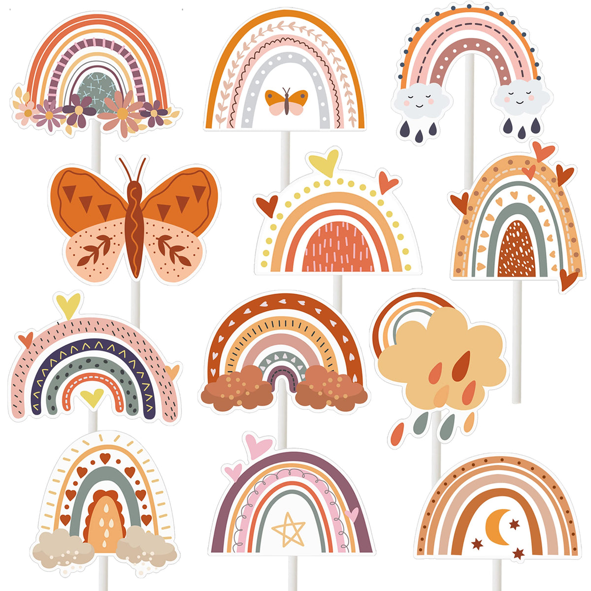 24Pc Boho Rainbow Cupcake Toppers For Boho Rainbow Party & Baby Showers
