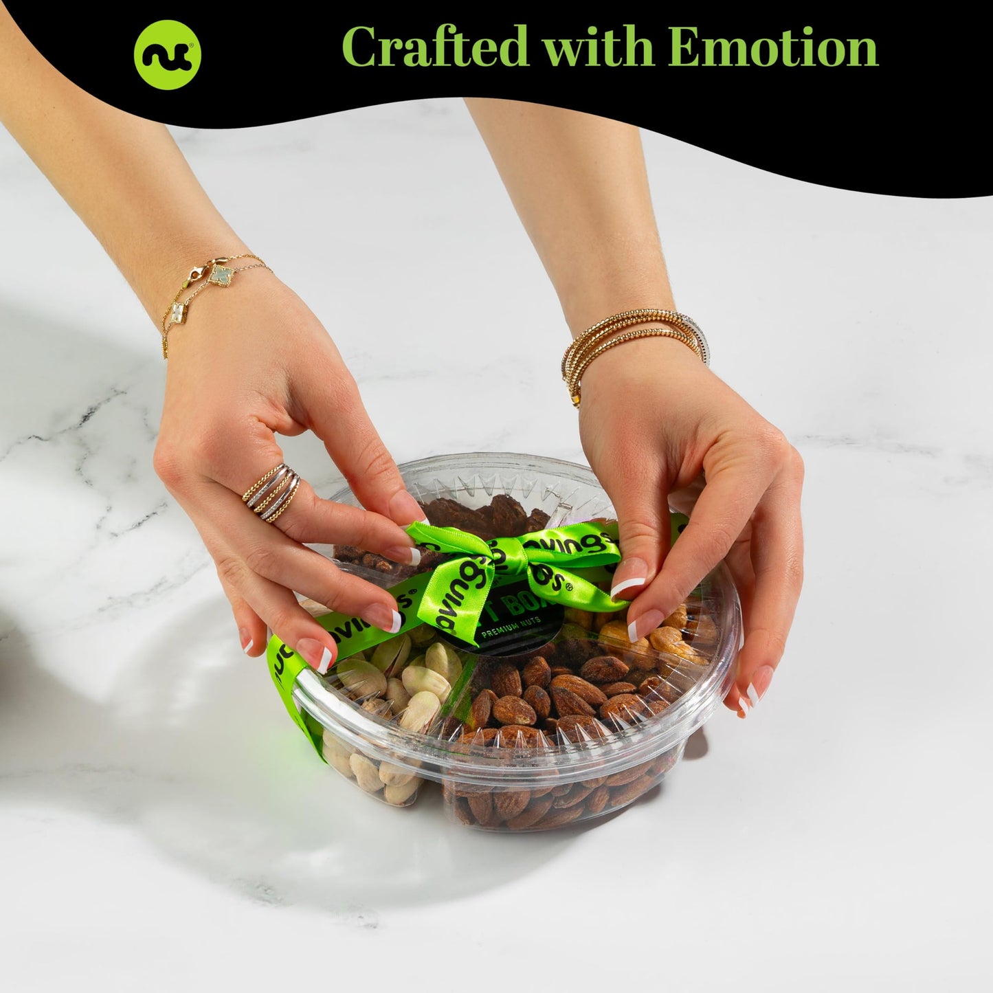 Nut Cravings Gourmet Collection - Rosh Hashana & Shana Tova Mixed Nuts Gift Basket + Green Ribbon (4 Assortments) Arrangement Pl