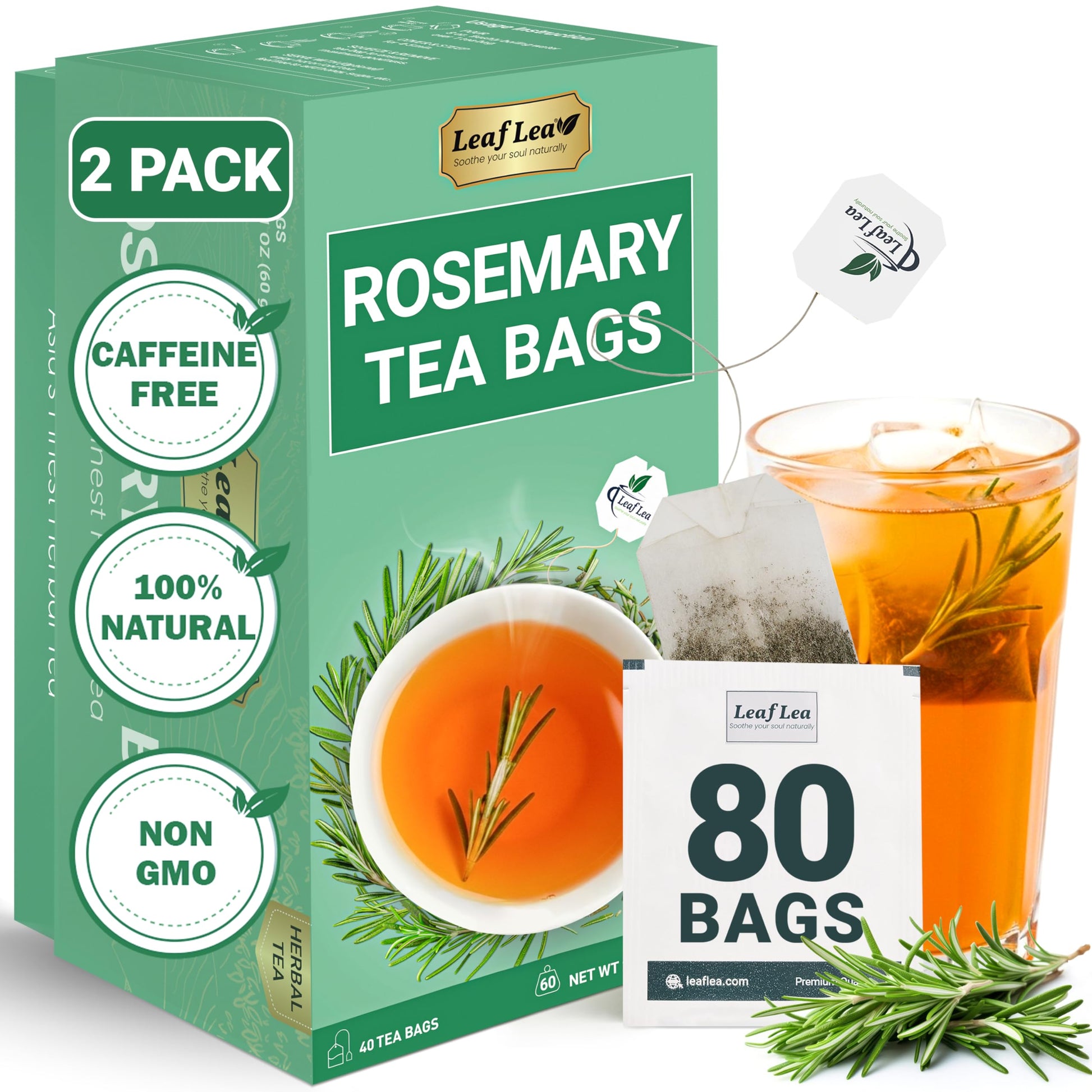 Leaflea 80 Rosemary Leaf Tea Bags  100% Pure Rosemary Herbal Tea  Gentle Digestive Comfort & Relaxing  Te De Romero Featuring Subtle  Natural Flavor  Energy Blend-Free  Sugar-Free  Non-Gmo  Vegan