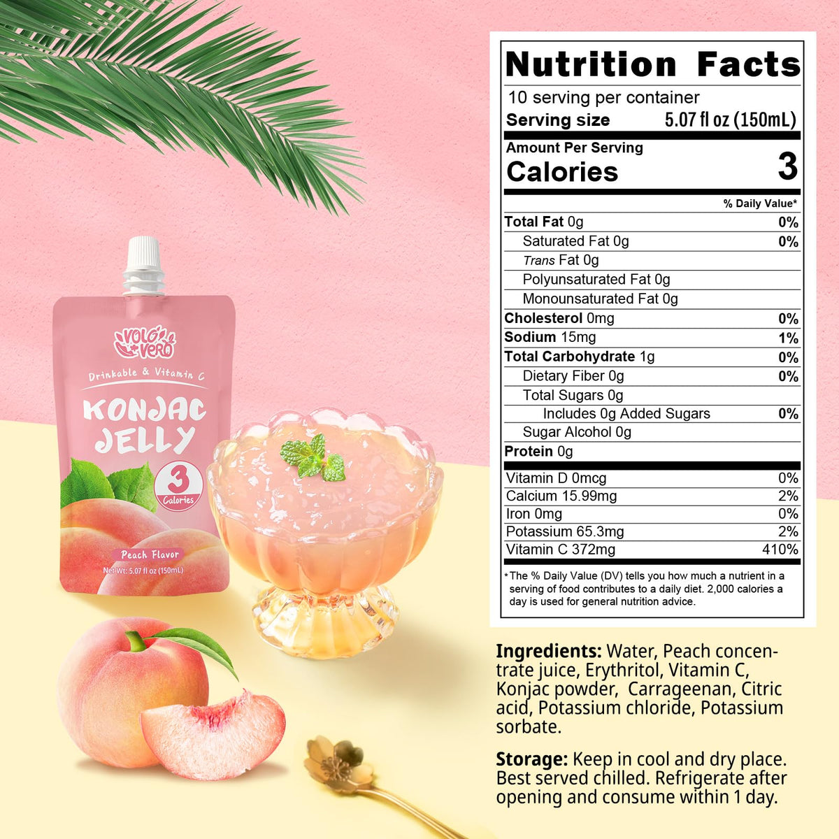 VOLO VERO Konjac Jelly Squeeze Pouch Peach Flavor, Low Calories (3 Kcal), 10 Packs, Gluten Free & Vegan, 0 Sugar, Keto, Low Carb