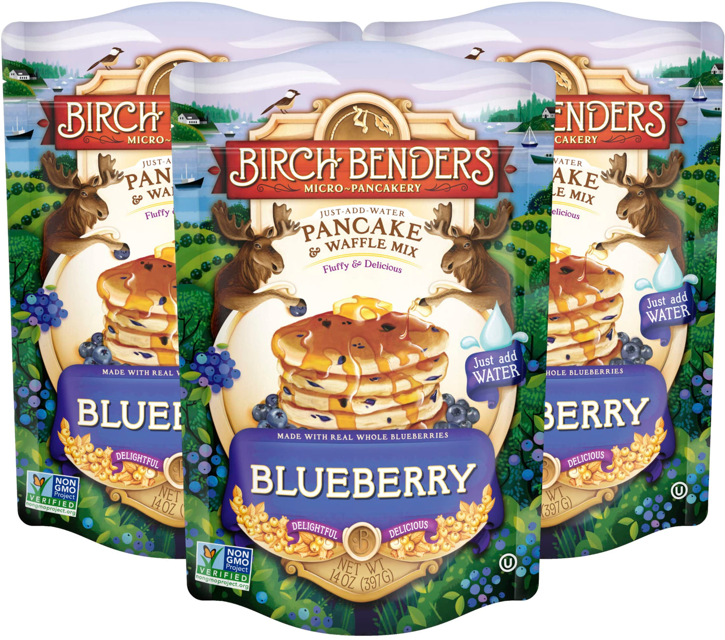 Blueberry Pancake & Waffle Mix By Birch Benders, Made With Real Blueberries, Just Add Water, Non-Gmo, Just Add Water, 14 Oz (Pack Of 3)