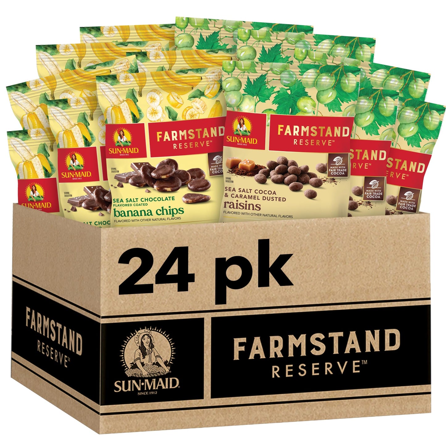 Sun-Maid Farmstand Reserve Variety Pack - 24 Count Snack Bags, 12 Sea Salt Cocoa Raisins & 12 Sea Salt Chocolate Banana Chips