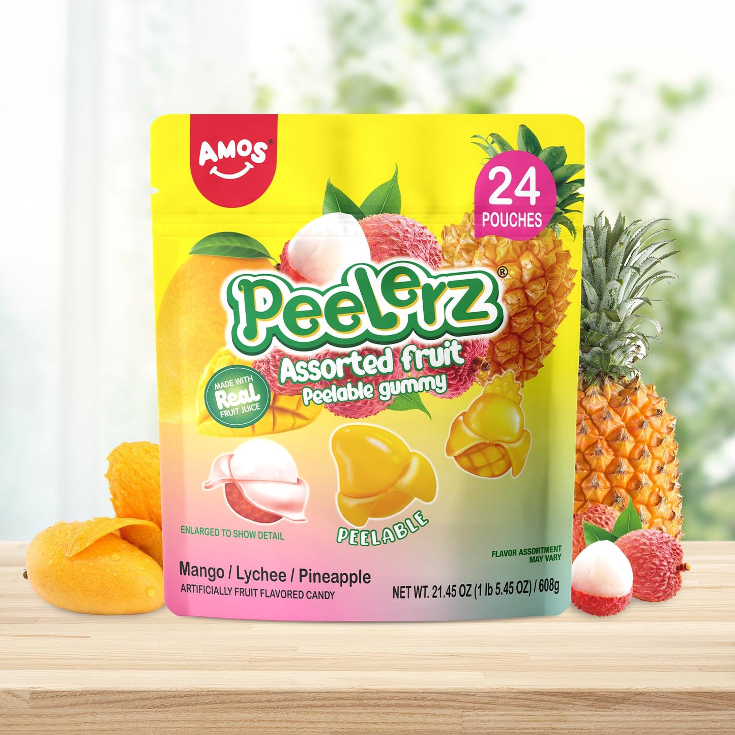 Amos Peelerz Assorted Peelable Gummy - Tropical Peeling Candy Variety Pack | Mango, Lychee & Pineapple | 24 Individual Packs (60