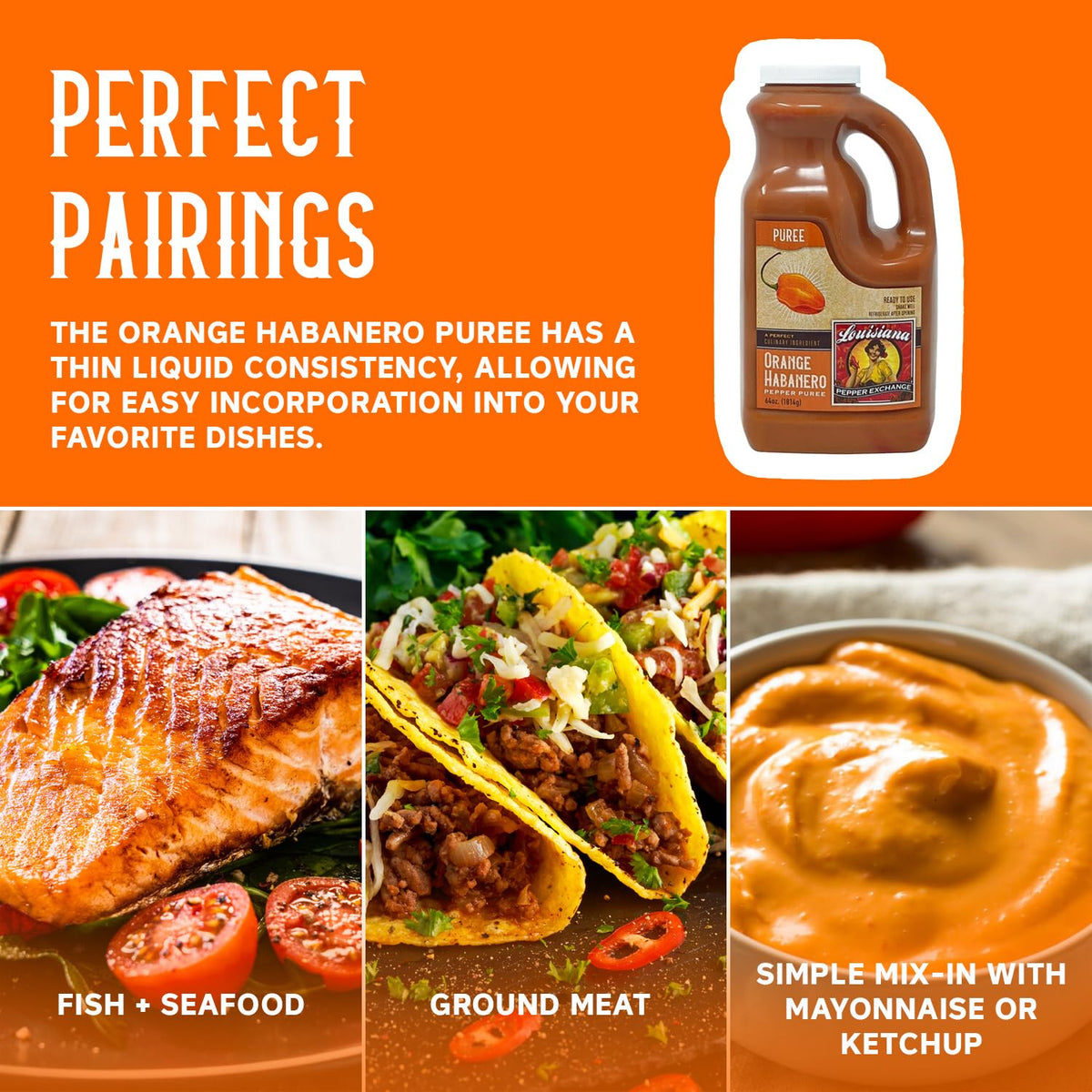 Louisiana Pepper Exchange Orange Habanero Pepper Puree Sauce Salsa, Spicy Sweet Tropical Seasoning, Plant-Based, Gluten-Free, 64