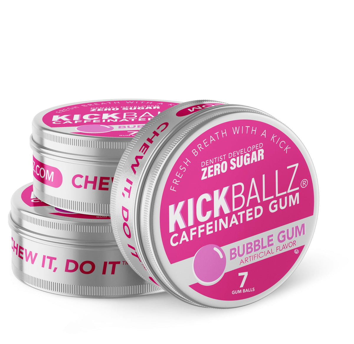Kickballz Bubblegum Energy Blend Energy Gum | Extra Strength - 110Mg Per Gumball | Quick Support Energy Boost | Tastes Amazing | Freshens Breath | Zero Sugar | Gluten-Free | Usa Made | 3 Tins (21 Count)