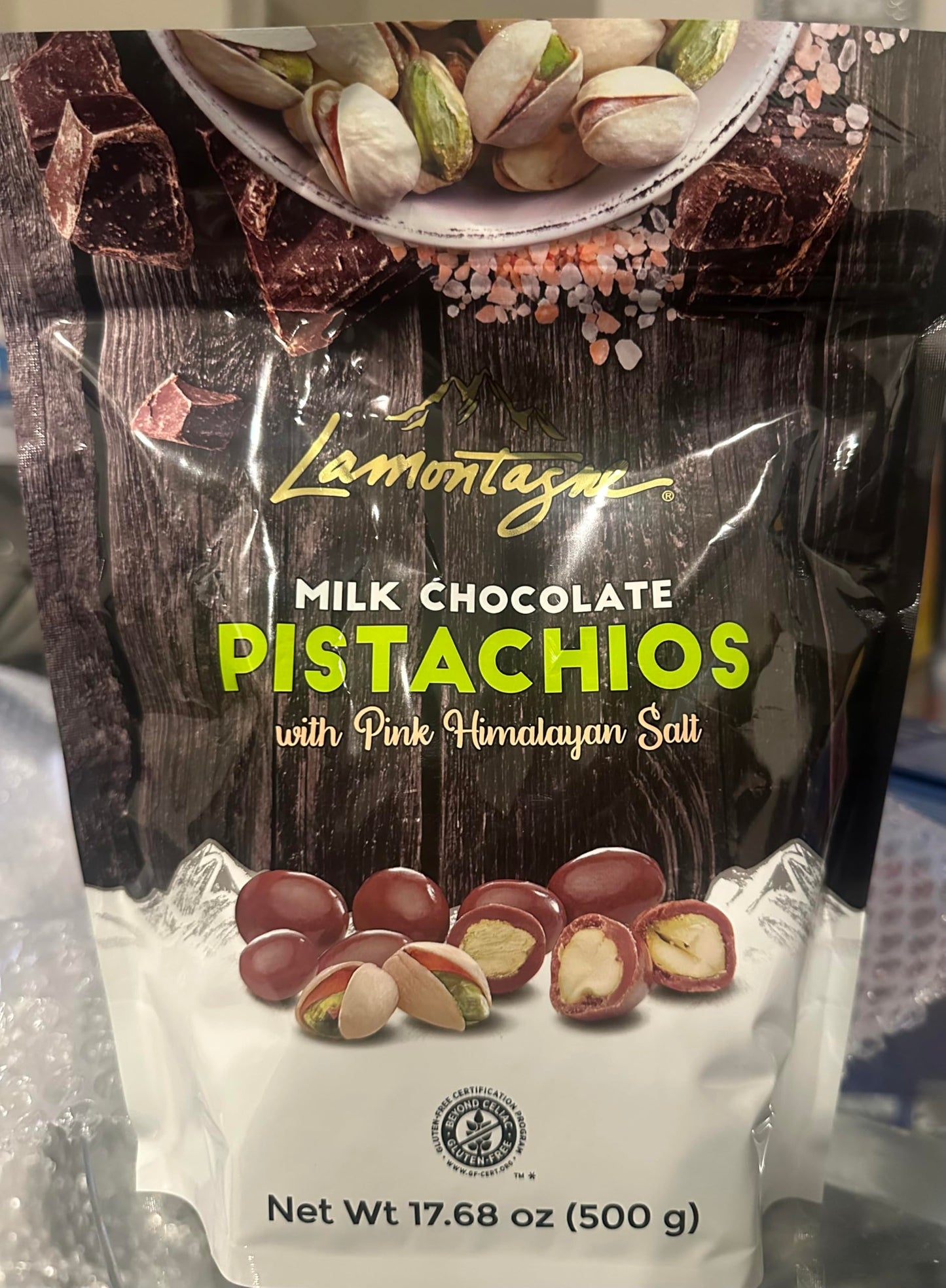 LAMONTAGNE Milk Chocolate Covered Sea Salt Pistachios with Pink Himalayan Salt, 17.68 Ounce (500 g) + NAJD LLC Sticker + Reusabl