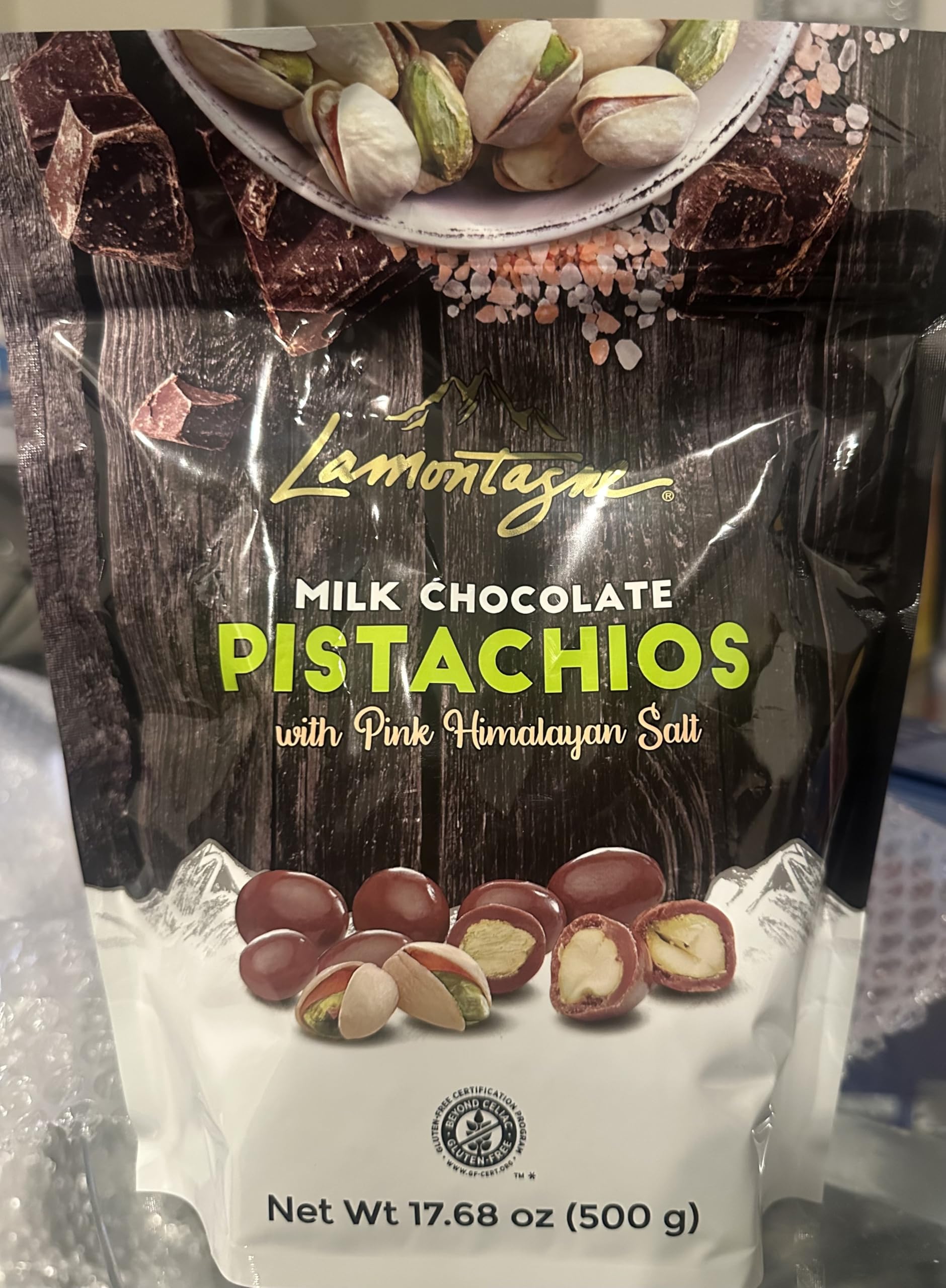 LAMONTAGNE Milk Chocolate Covered Sea Salt Pistachios with Pink Himalayan Salt, 17.68 Ounce (500 g) + NAJD LLC Sticker + Reusabl