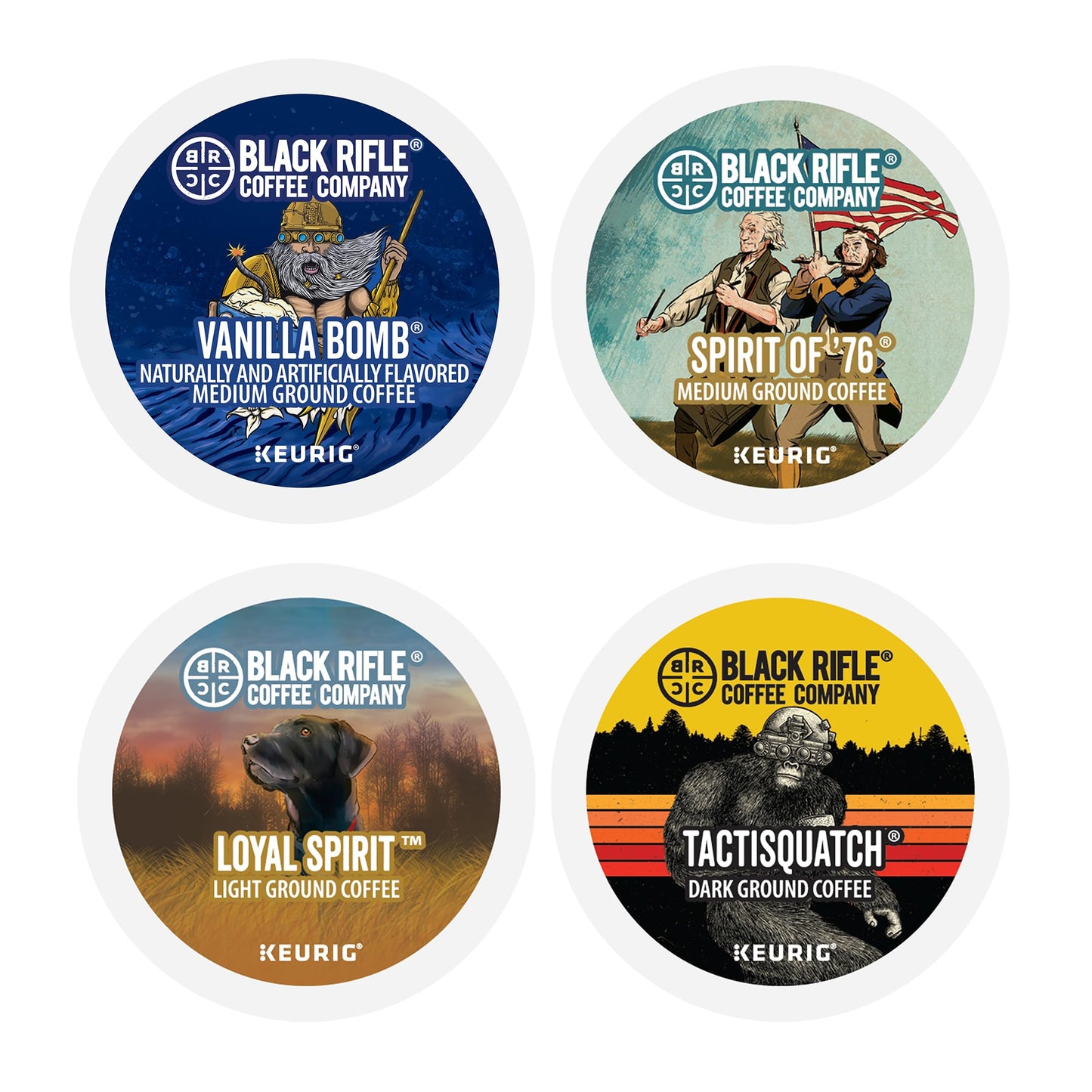 Black  Coffee Flavored Variety 96 Pods - Loyal Spirit (Light Roast)  Vanilla   & Spirit of 76 (Medium Roast)  and Tactisquatch (Dark Roast) - K Cups Coffee Variety Pack