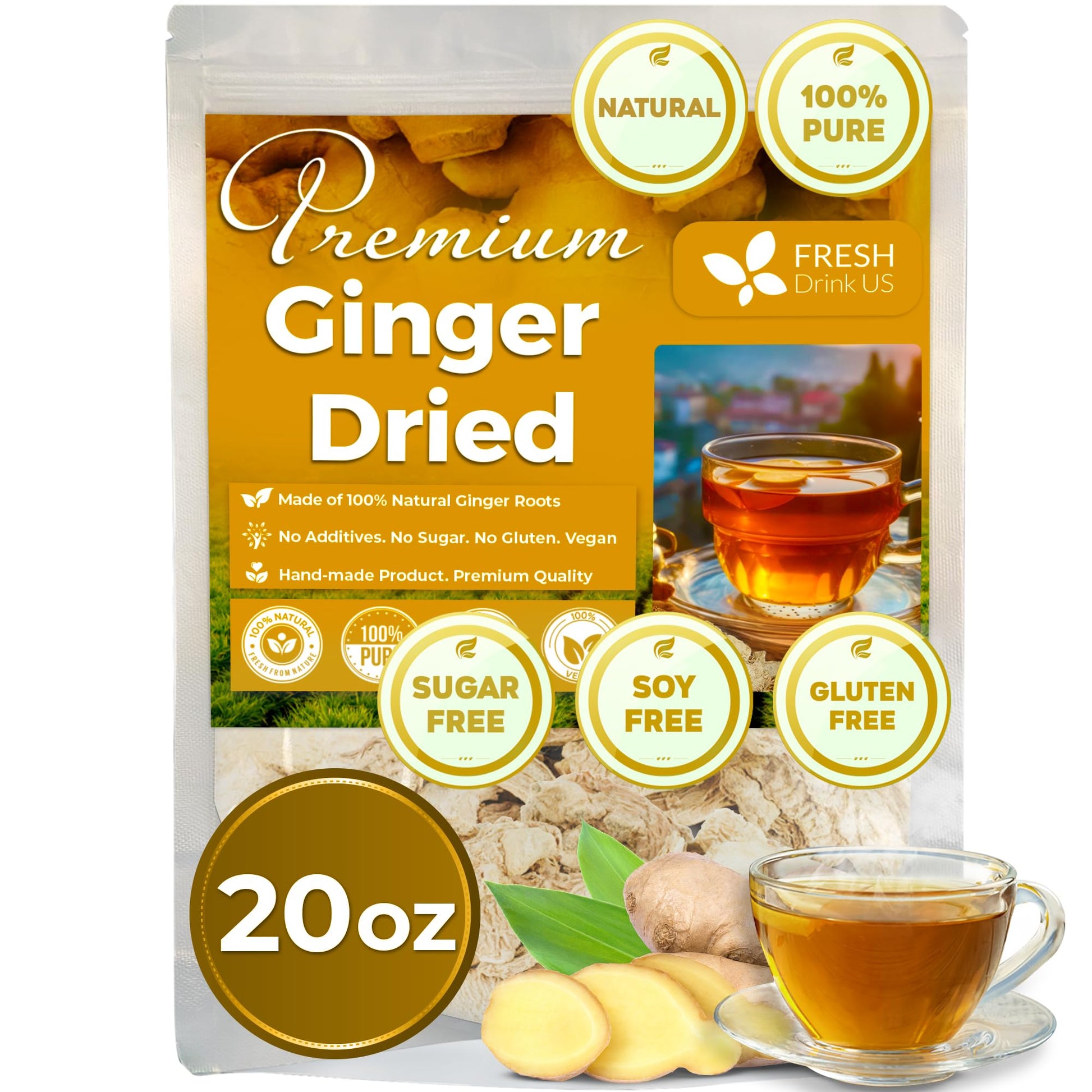 FRESHDRINKUS Premium Ginger Tea, 100% Natural & Pure, 20oz, Cut and Sifted, Vegan, No Additives, Caffeine-Free