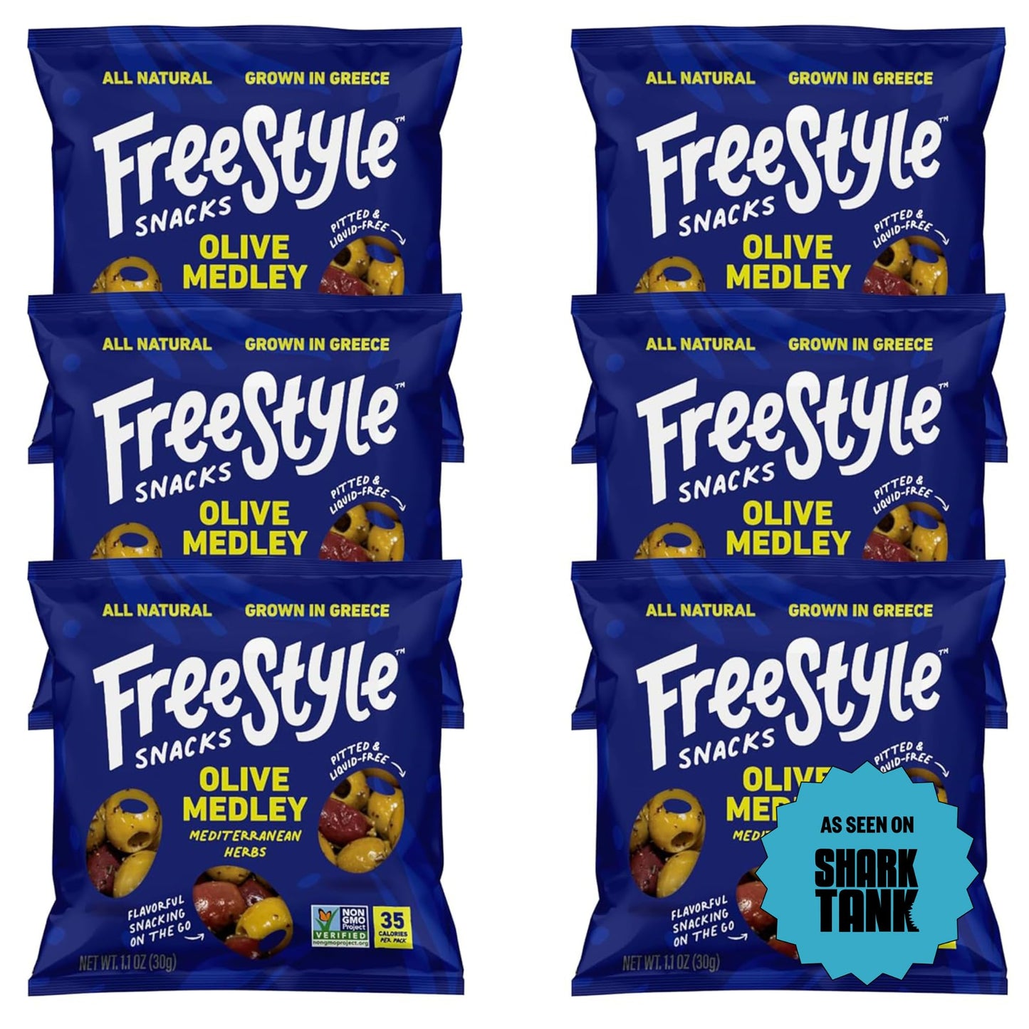 Freestyle Snacks Olive Snack Packs - As Seen On Marine Theme Tank - Single Serve - Fresh Pitted Olives  Grown In Greece  All Natural  Non-Gmo  Sugar-Free  Salty - Mediterranean Herb  1.1Oz (6 Pack)