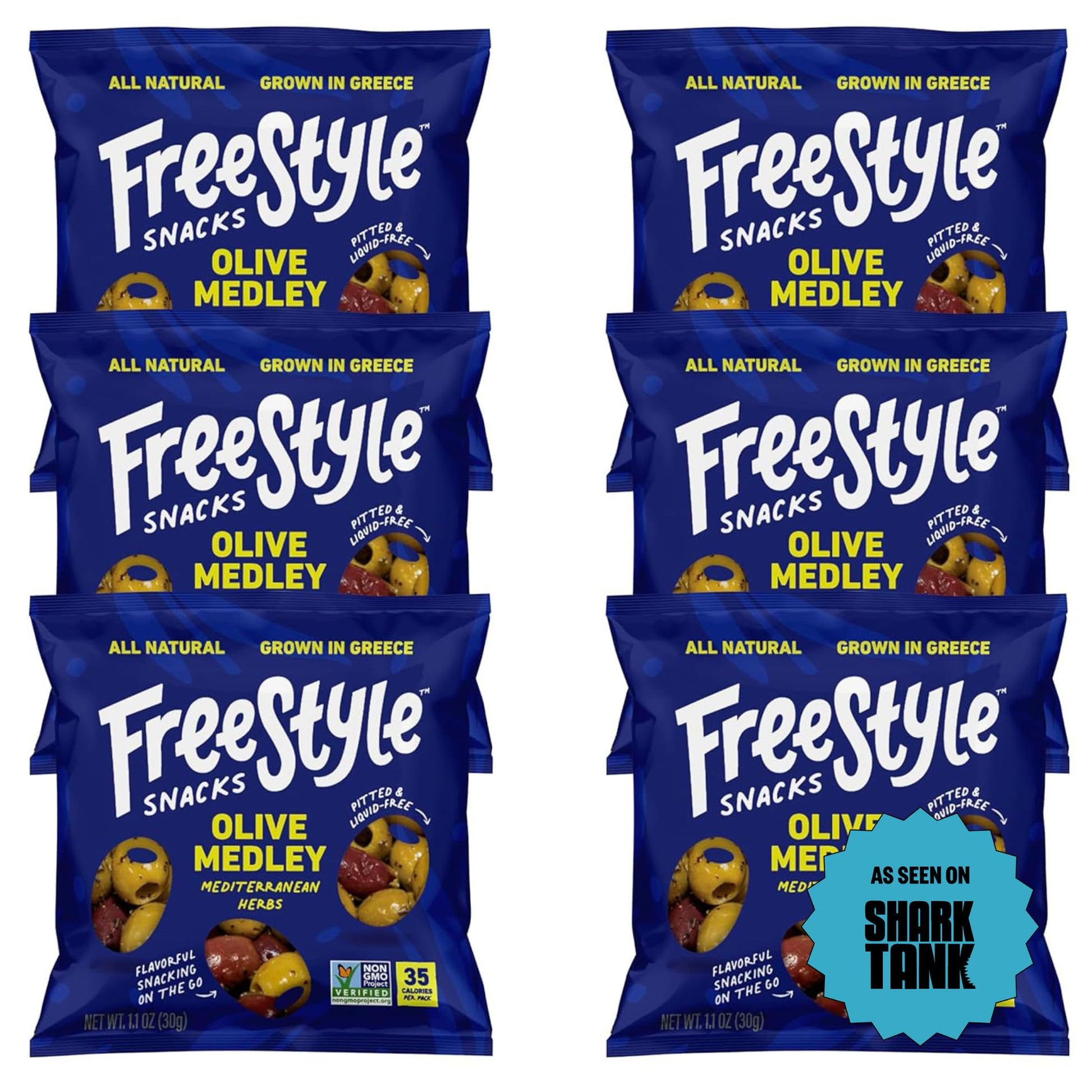 Freestyle Snacks Olive Snack Packs - As Seen On Marine Theme Tank - Single Serve - Fresh Pitted Olives  Grown In Greece  All Natural  Non-Gmo  Sugar-Free  Salty - Mediterranean Herb  1.1Oz (6 Pack)