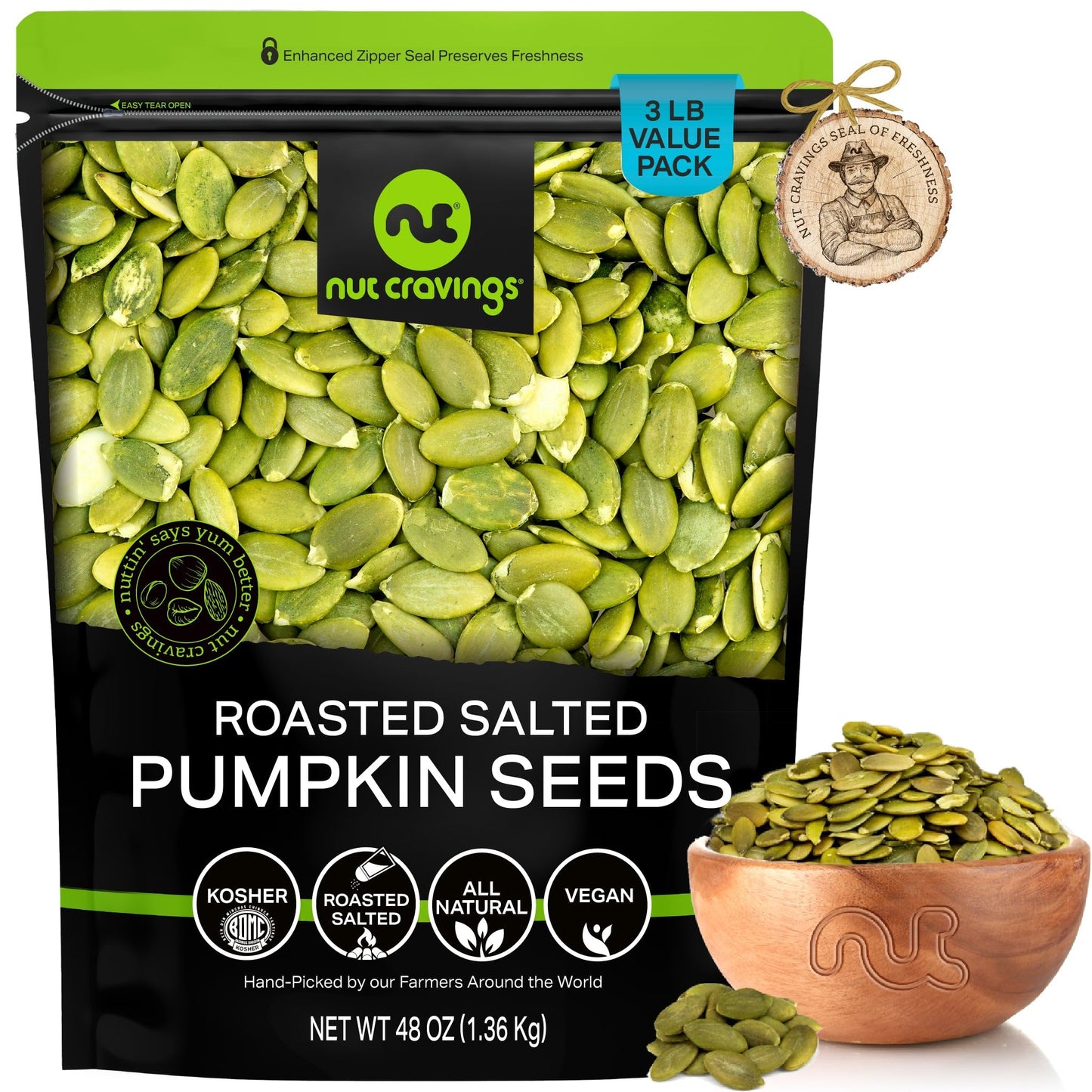 NUT CRAVINGS - Roasted & Salted Pumpkin Seeds, Pepitas, No Shell (48oz - 3 LB) Packed Fresh in Resealable Bag - Nut Snack - Food