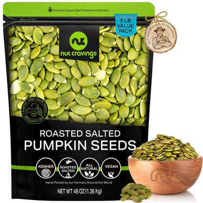 NUT CRAVINGS - Roasted & Salted Pumpkin Seeds, Pepitas, No Shell (48oz - 3 LB) Packed Fresh in Resealable Bag - Nut Snack - Food