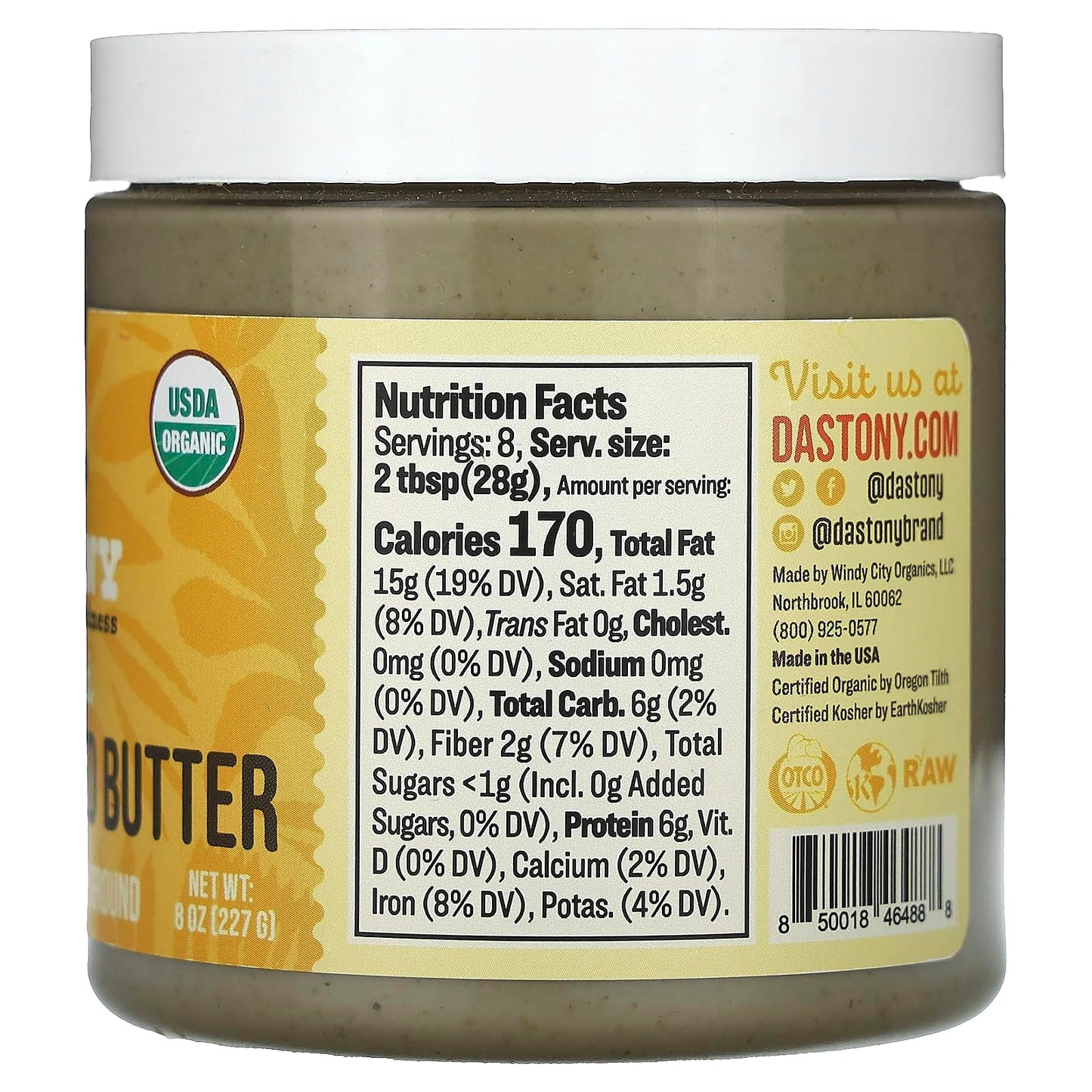 Dastony Organic Raw Sprouted Sunflower Seed Butter, Vegan, Gluten-Free, 8 oz, Non-GMO, Paleo, Keto, Pack of 1