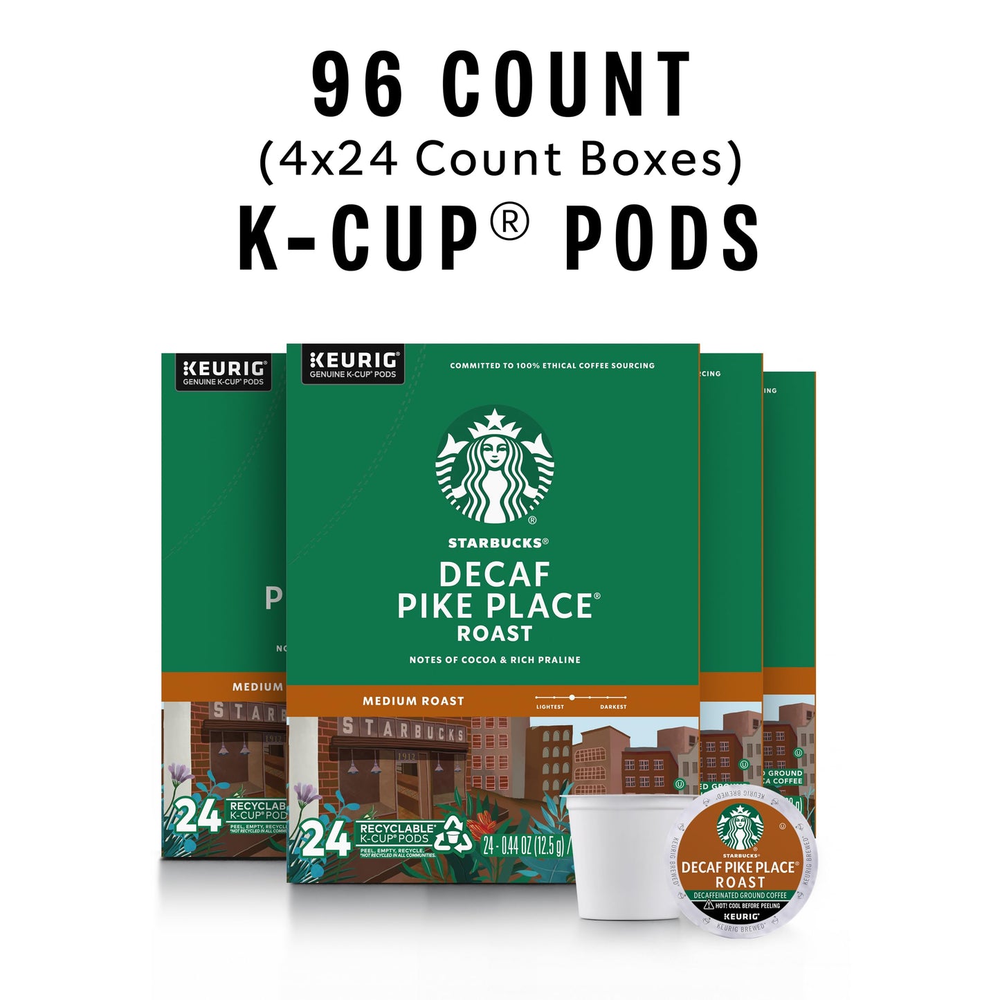 Starbucks K-Cup Coffee Pods, Medium Roast Decaf Pike Place, 24 Count (Pack of 4), 100% Arabica, Model 011068092