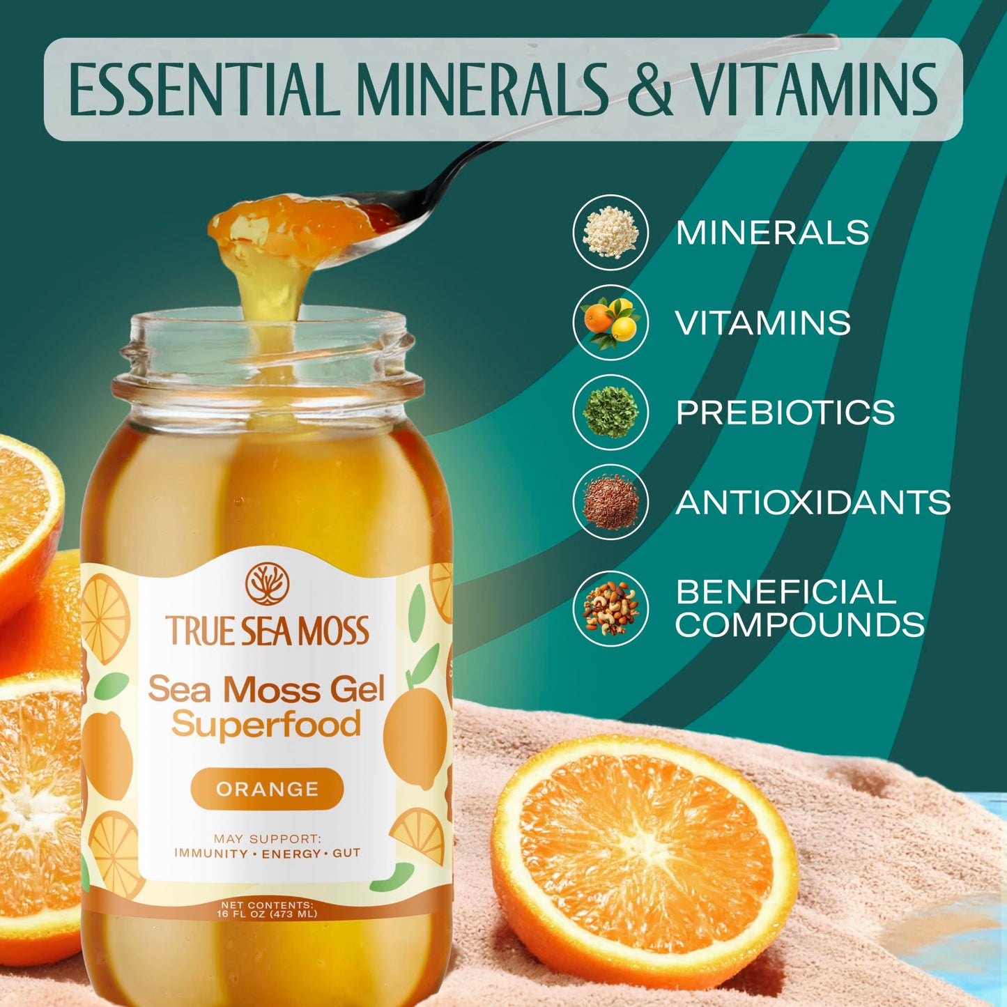 TrueSeaMoss Sea Moss Gel - Made in USA - Wildcrafted Seamoss  Fruits & Jarred Vegetables - Orange  Pack of 1 (Labels may Vary)