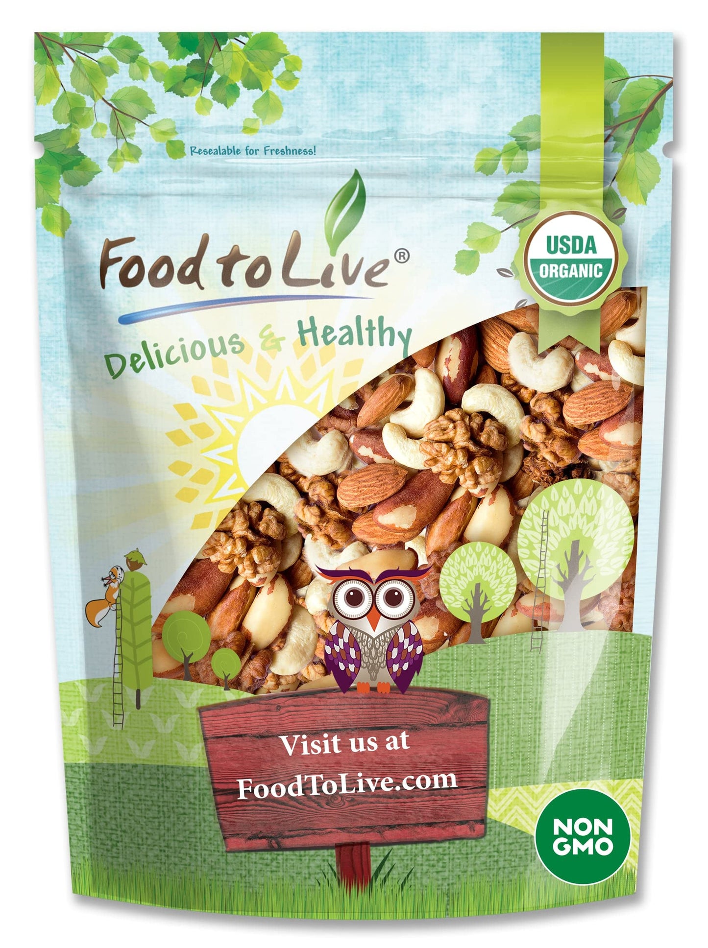 Food To Live - Organic Mixed Raw Nuts  1 Pound Cashews  Brazil Nuts  Walnuts  Almonds  Non-Gmo  Kosher  Raw  Vegan  Unsalted  Bulk