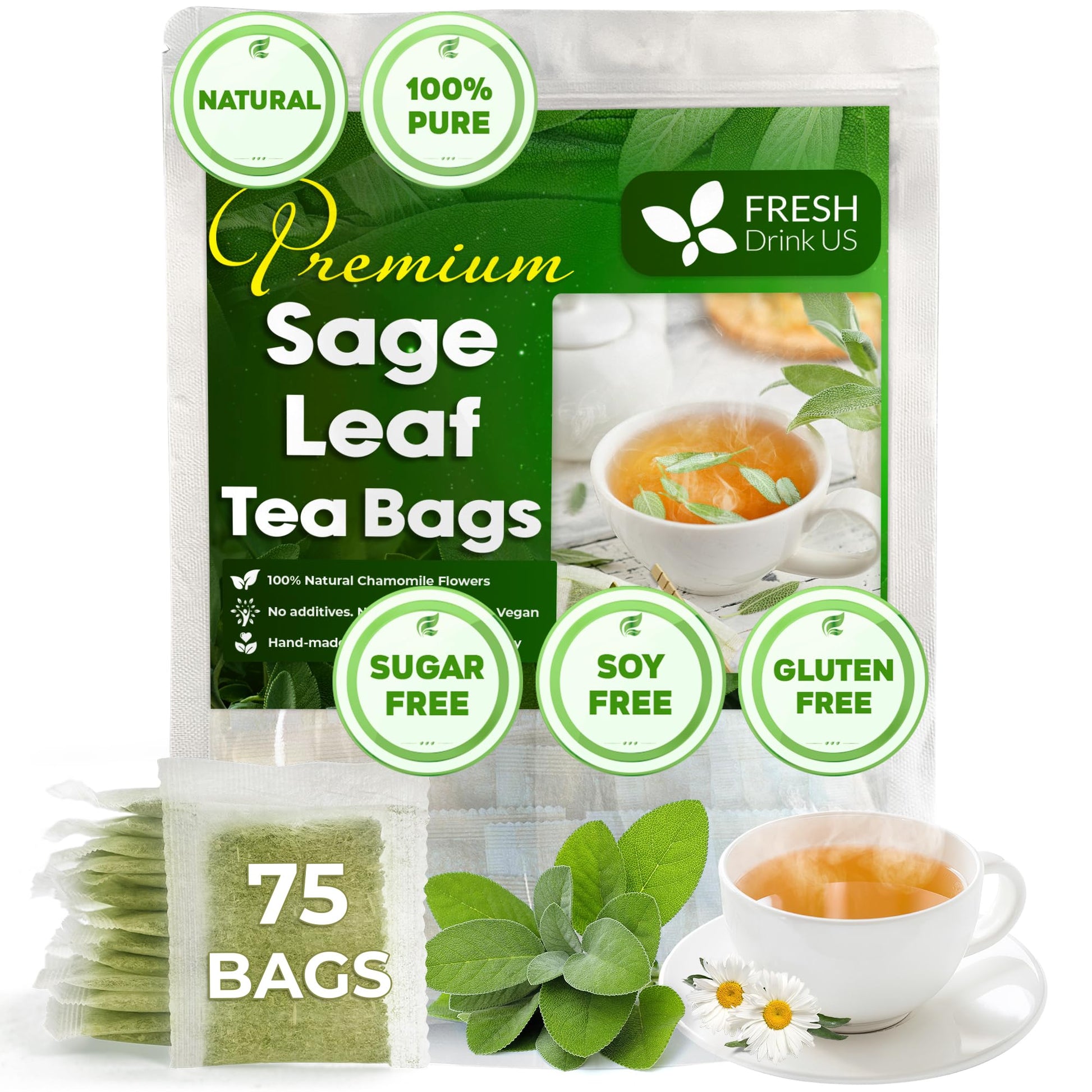 FRESHDRINKUS Sage Leaf Tea Bags - 100% Natural Herbal Tea, 75 Tea Bags, Vegan, No Sugar, No Caffeine, Gluten-Free