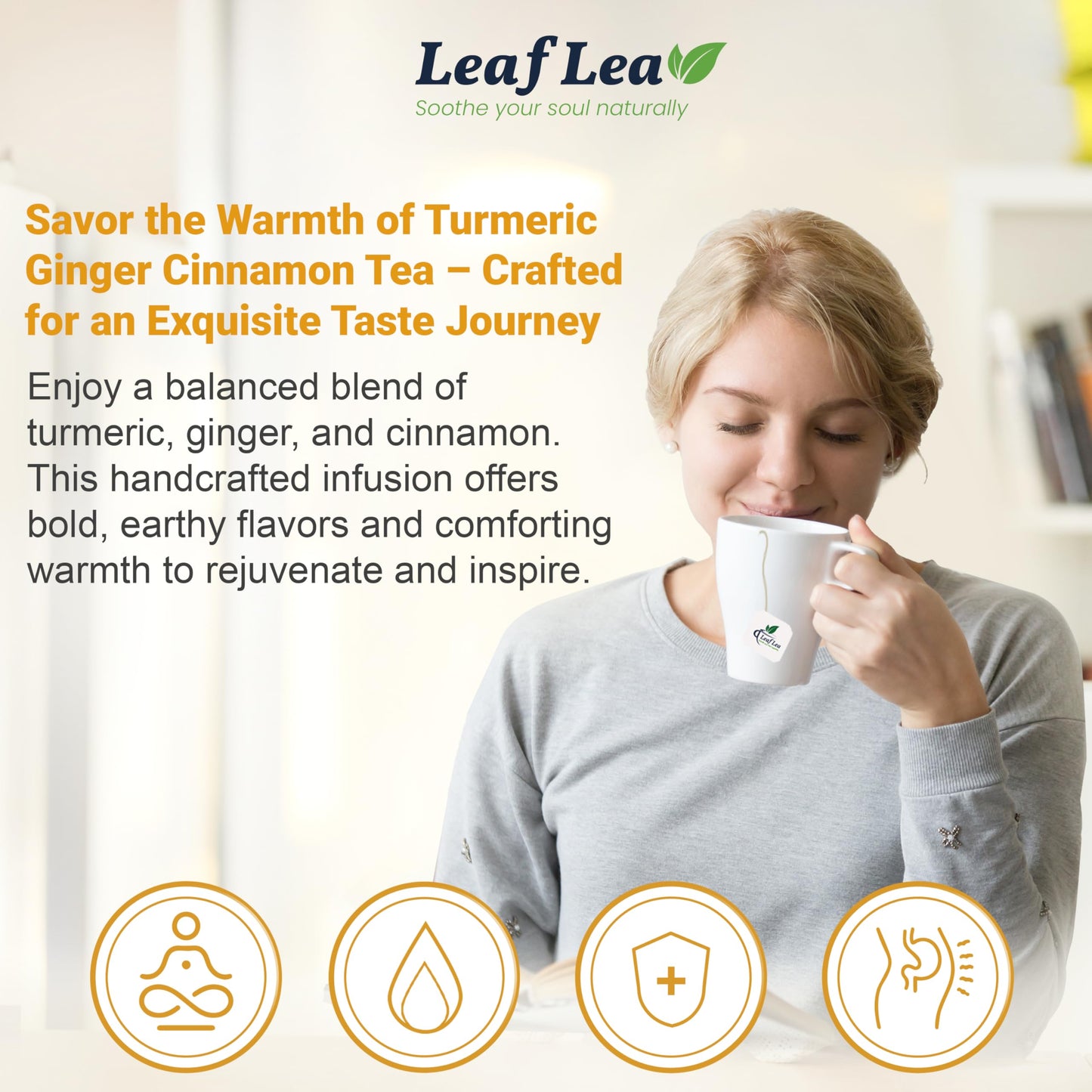 LeafLea Ginger Turmeric Tea Bags, 100% Natural Herbal Blend, Caffeine-Free, 160 Bags (Pack of 4)