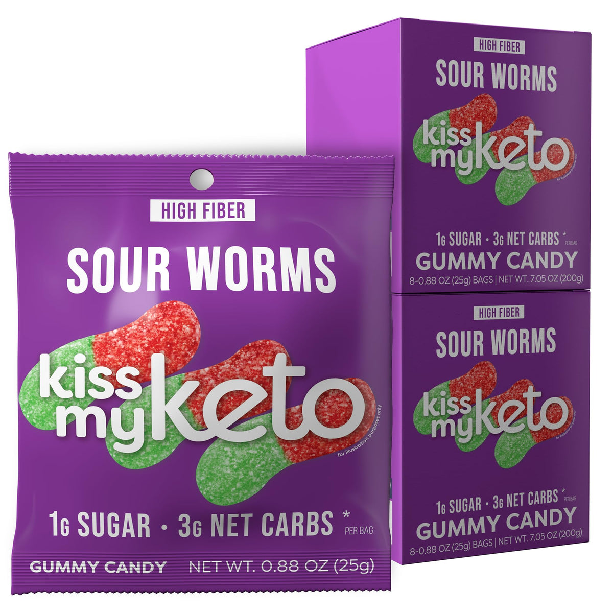 Kiss My Keto Sour Gummy Worms – Low Carb, 1g Sugar, High Fiber – Pack of 16