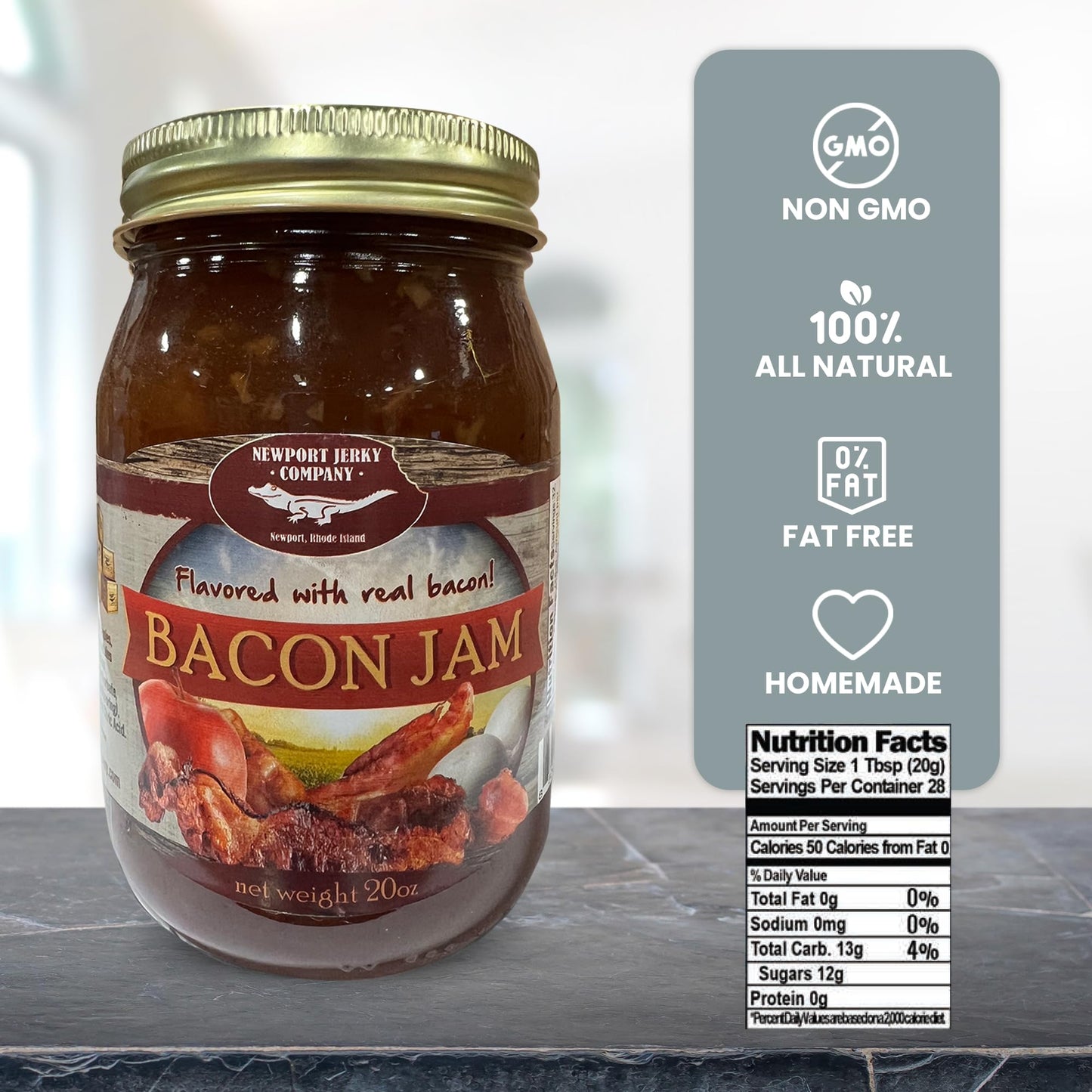 Newport Jerky Company Bacon Jam - Gourmet Small Batch Spread - 20 oz Glass Jar - Perfect for Burgers, Sandwiches, Toast, Charcuterie
