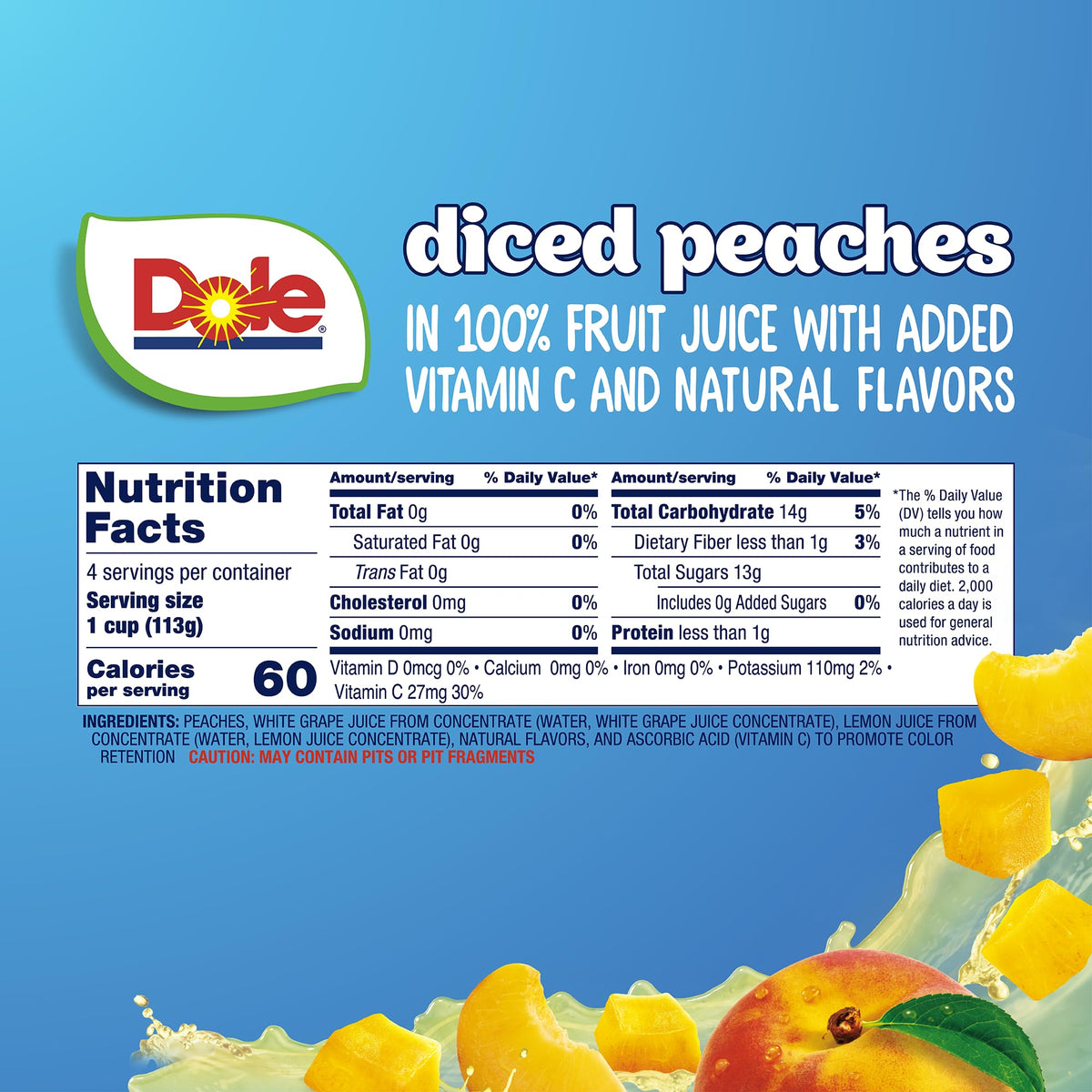 Dole Fruit Bowls Diced Peaches in 100% Juice Snacks, 4oz 4 Total Cups, Gluten & Dairy Free, Bulk Lunch Snacks for Kids & Adults