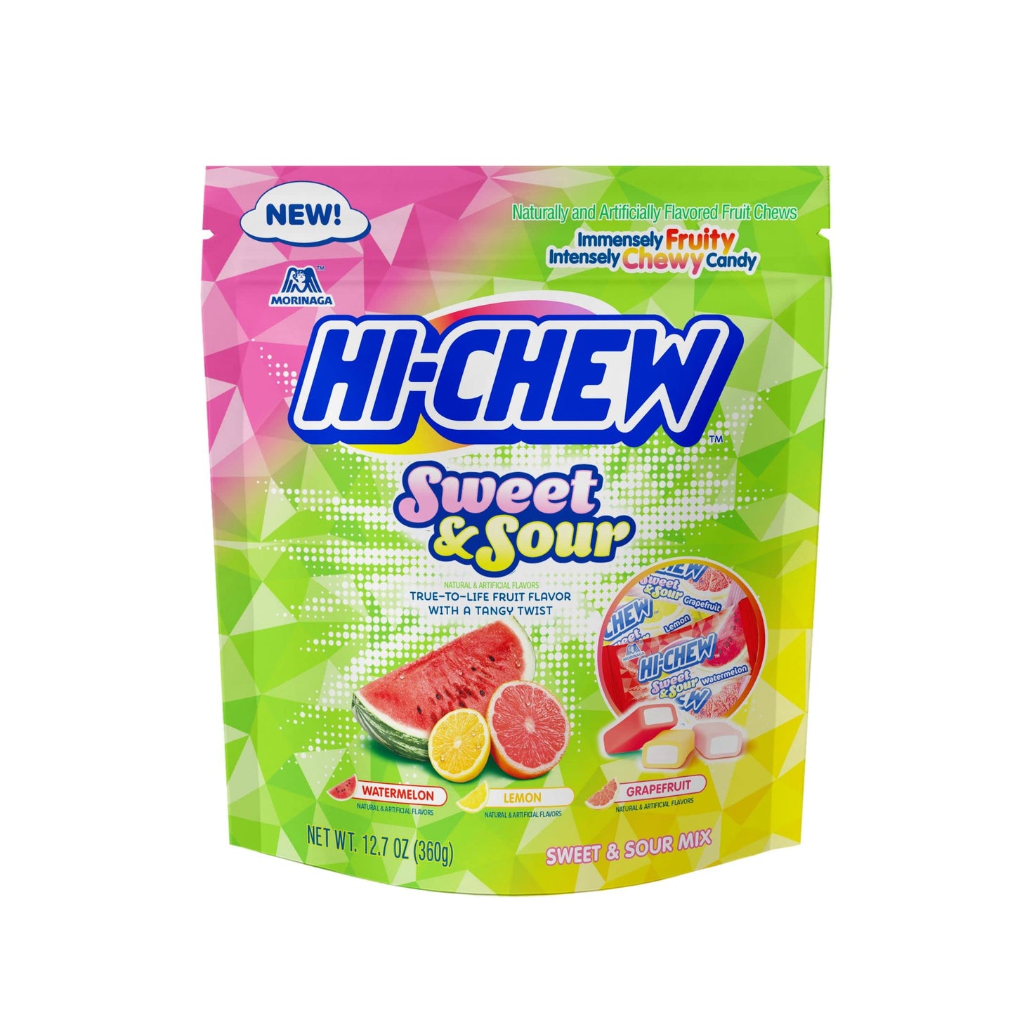 Hi-Chew Sweet & Sour Mix, 4 Stand Up Pouches, 12.7Oz Each | Watermelon Lemon Grapefruit | Unique Fun Soft & Chewy Taffy Candy |