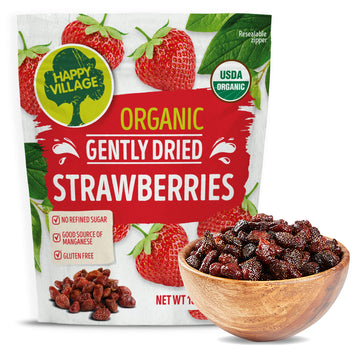 Happy Village Organic Whole Dried Strawberries, 18 Oz Resealable Pack- Soft & Juicy, Kosher, Non-Gmo, No Refined Sugar, Organic Apple Juice Infused Organic Dried Strawberry