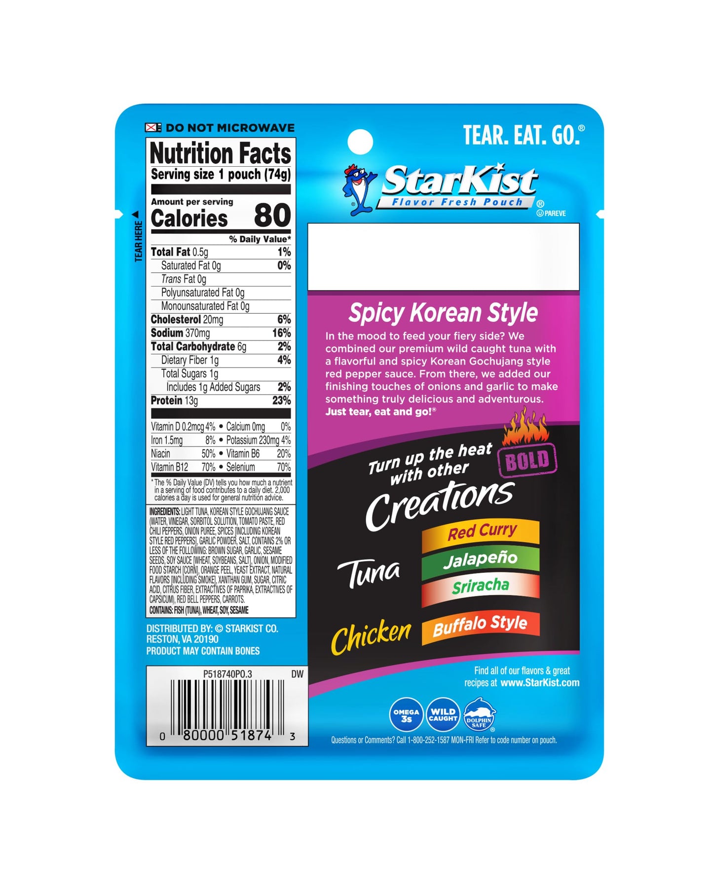 StarKist Tuna Creations BOLD Spicy Korean Style with Gochujang, 2.6 Oz, Pack of 24