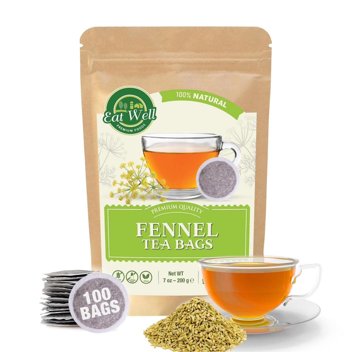 Eat Well Premium Foods Fennel Tea Bags, 100 Bags Bulk Size 7 Oz, 100% Natural Fennel Leaves Tea, Tea For Home Or Office, Herbal 