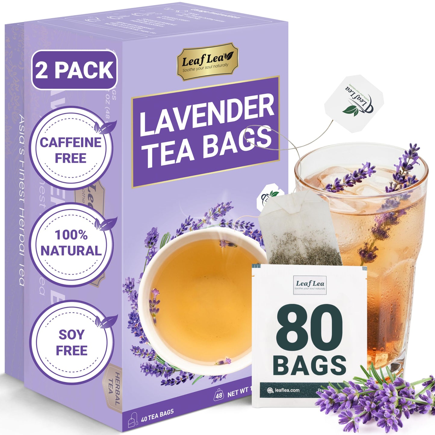 Leaflea 80 Top-Grade Lavender Tea Bags  100% Natural & Pure From Lavender Flowers  Nighttime Comfort & Digestive Support  Floral Aroma And Smooth Taste  Energy Blend-Free  Sugar-Free  Individually Wrapped