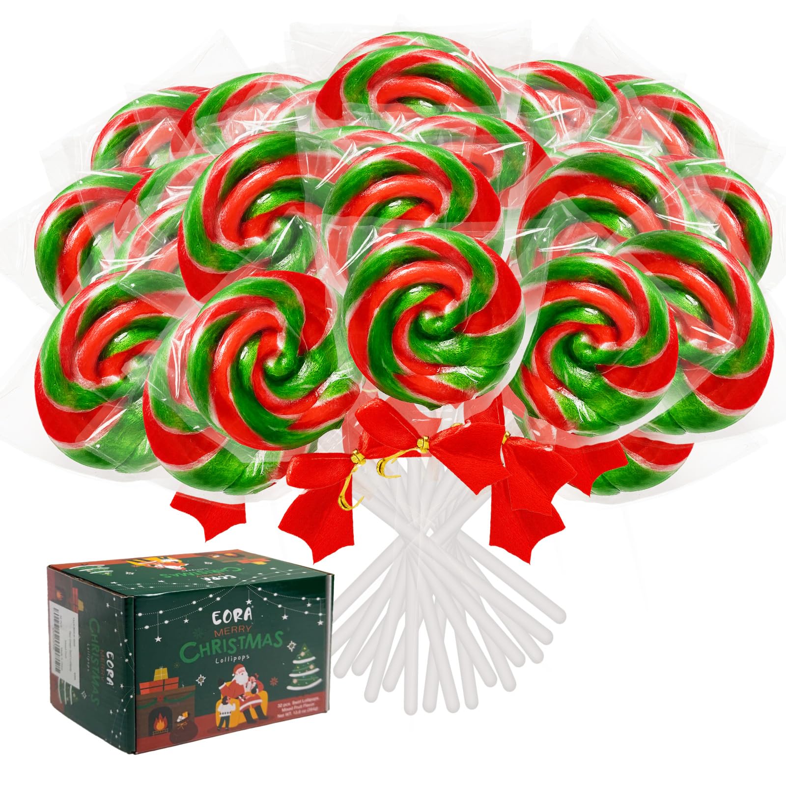32 Pack Red-And-Green Twisty & Swirl Lollipops With Red Ribbon Bow, Lollipops Swirl Candy Individually Wrapped Bulk, Candy Lollipop Suckers For Christmas Stocking Stuffer & Candy Gifts