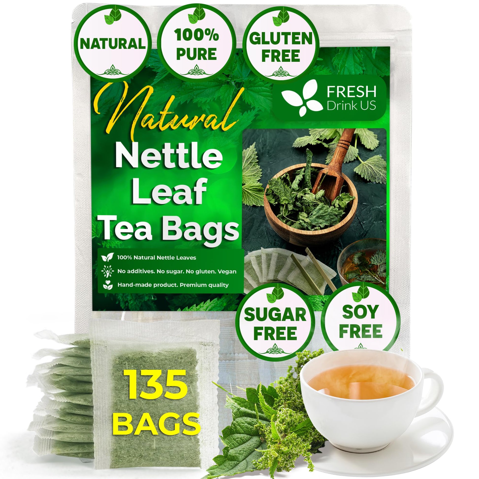 FRESHDRINKUS Premium Nettle Leaf Tea Bags, 100% Natural, Vegan, 135 Count