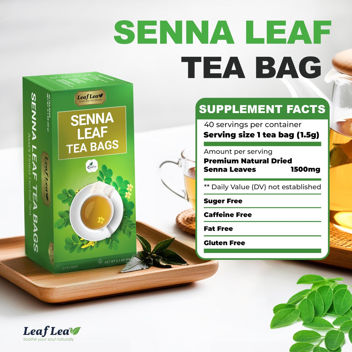 LeafLea Herbal Laxative Tea Bags, Caffeine-Free, Sugar-Free, Vegan, 80 Bags (Pack of 2)
