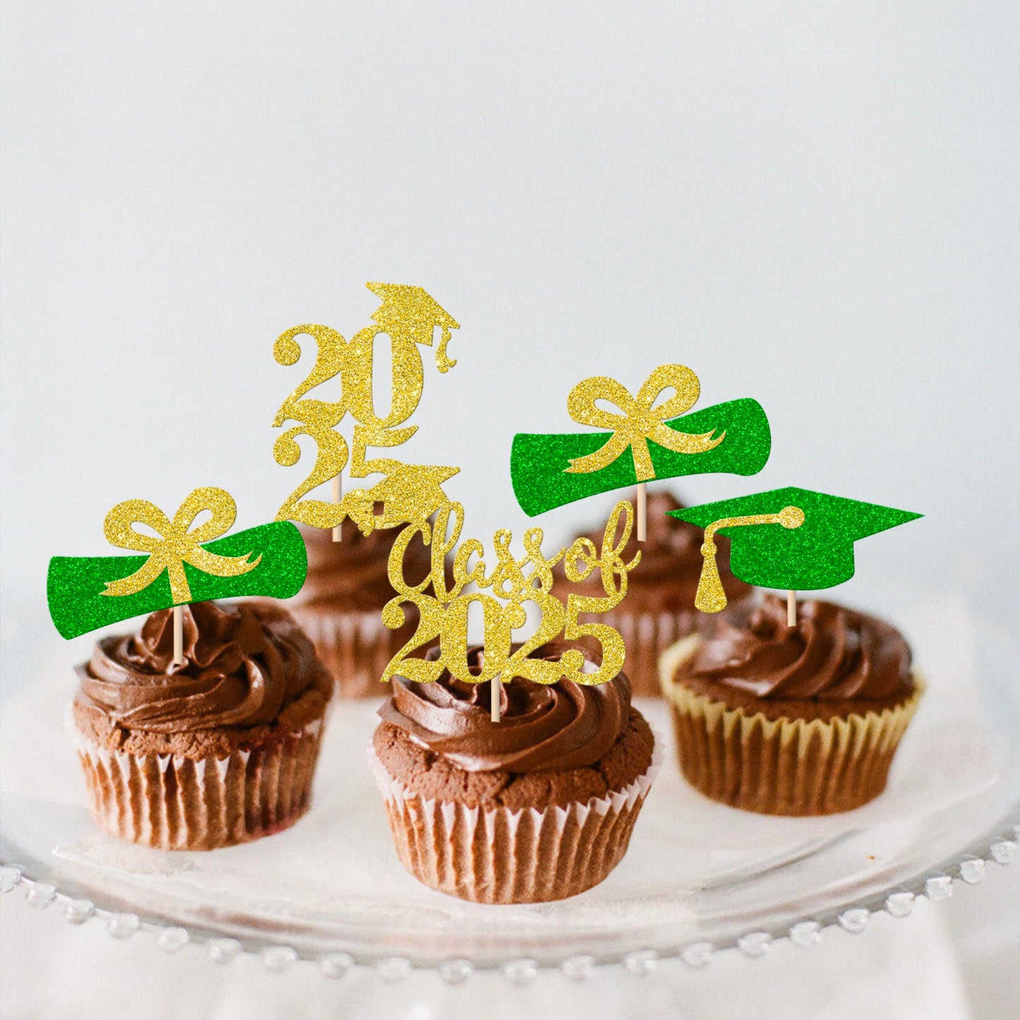 YCTHUNFISH 24 Pack Cupcake Toppers Gold Green Glitter 2025 Graduation Diplomas Grad Caps for Party Decorations