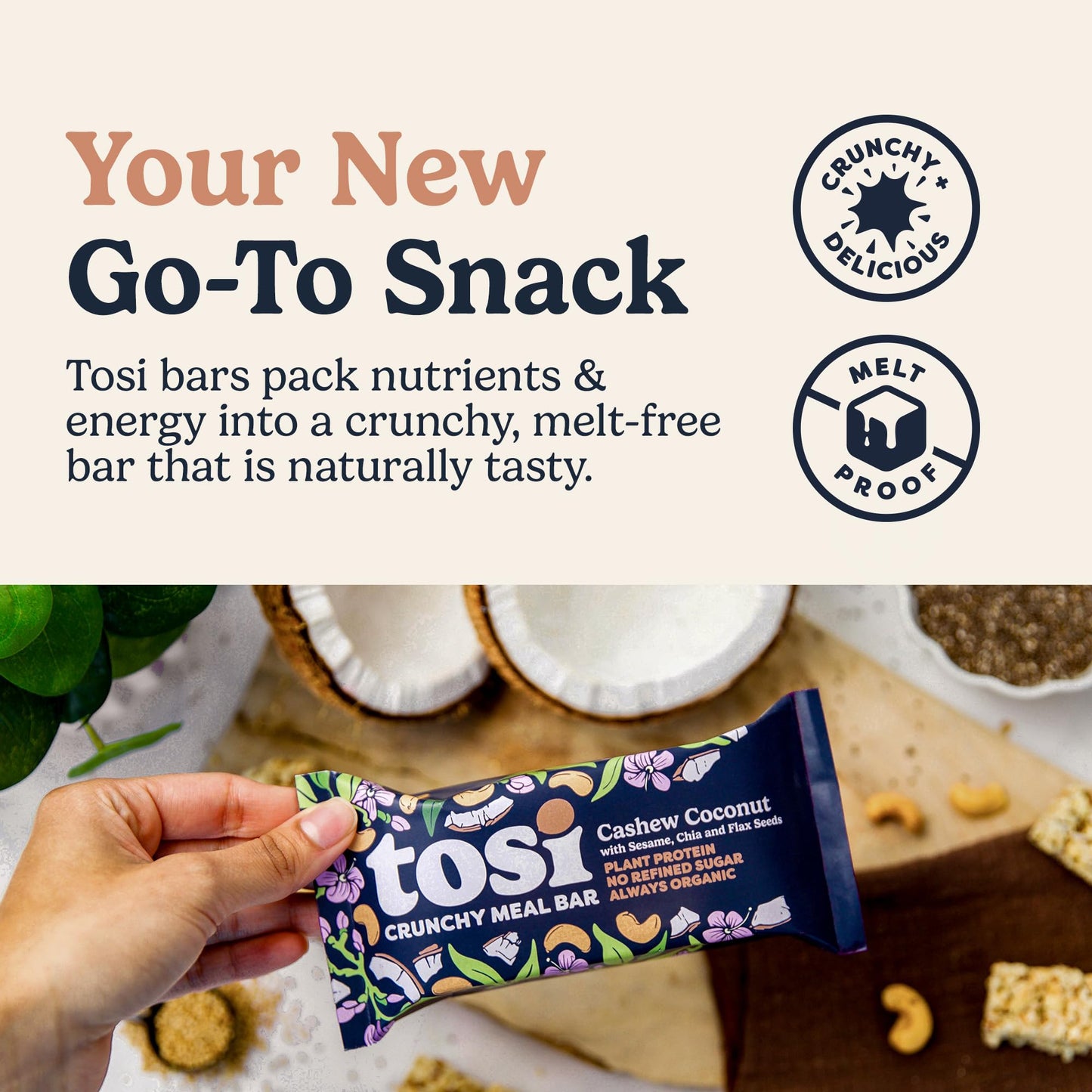 Tosi Meal Bars - Cashew Coconut, Vegan Snack Bars, 14g Protein, 12 Count, Organic, Gluten Free