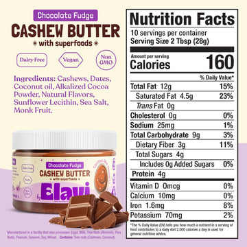 ELAVI Keto Cashew Butter Jar - Gut-Friendly, Low-Sugar Dessert Spread | Vegan, Kid-Friendly, No Added Sugar, No Stevia, No Sugar