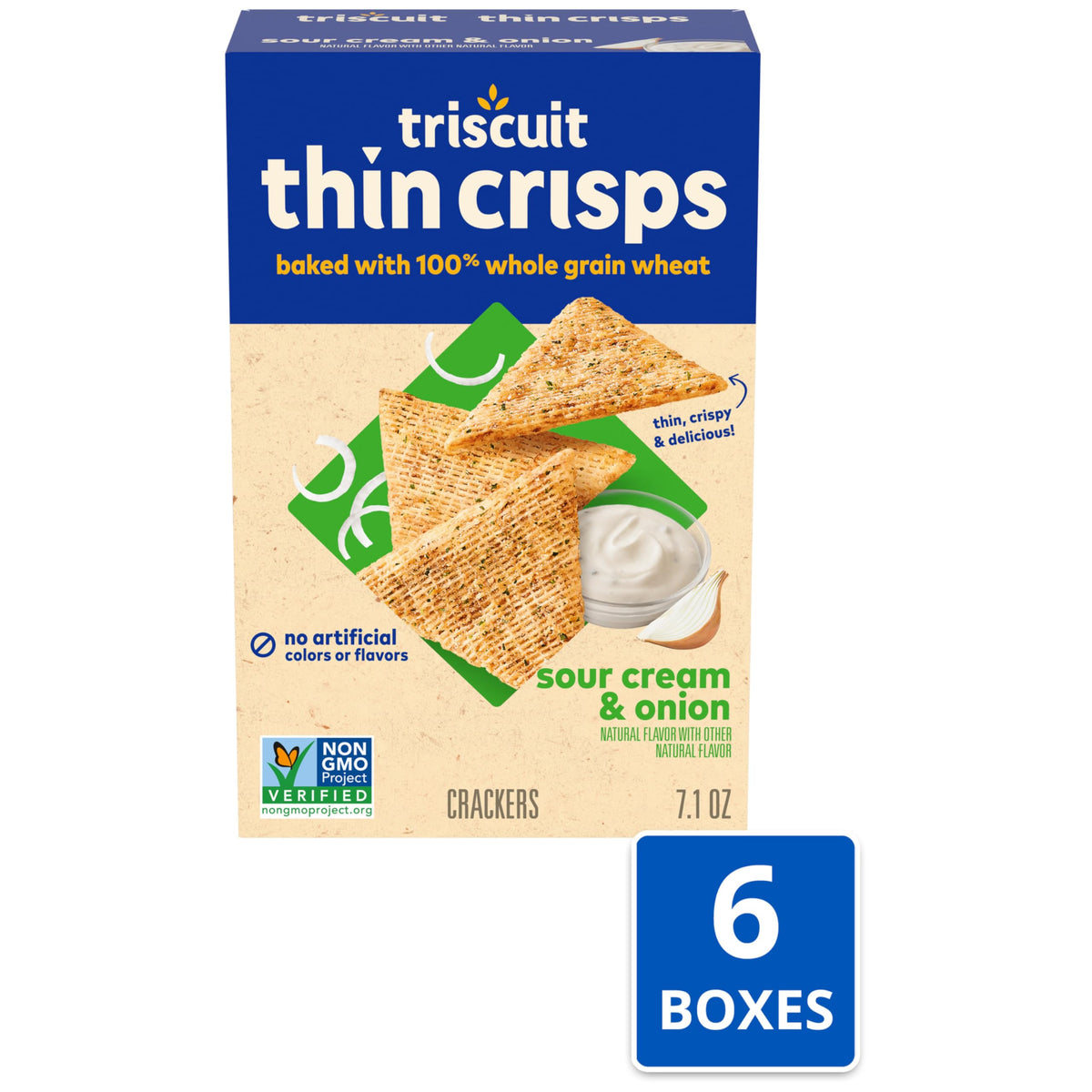 Triscuit Thin Crisps Sour Cream & Onion Whole Grain Wheat Crackers, Lunch Snacks, Bulk Snack Crackers, 6-7.1 oz Boxes