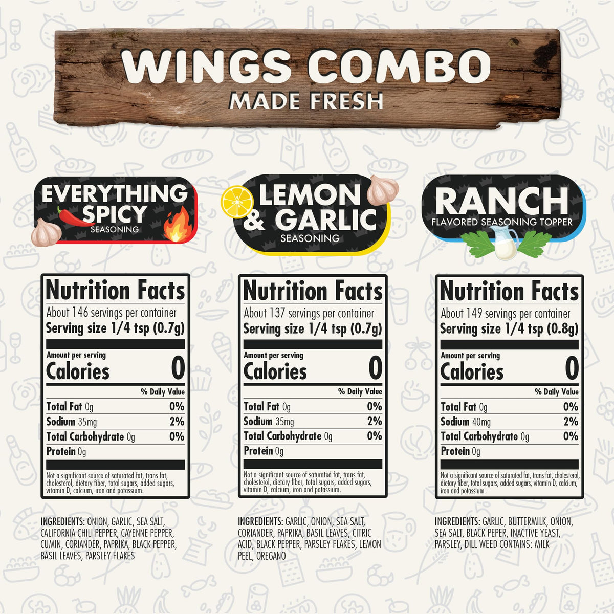 Wings Combo Pack Of 3, Herbs, Spices, Topper And Seasoning Gift Set - Everything Spicy, Lemon & Garlic, And Ranch - Enhanced All Natural & Healthy Spice Blend - Flavor God Seasonings