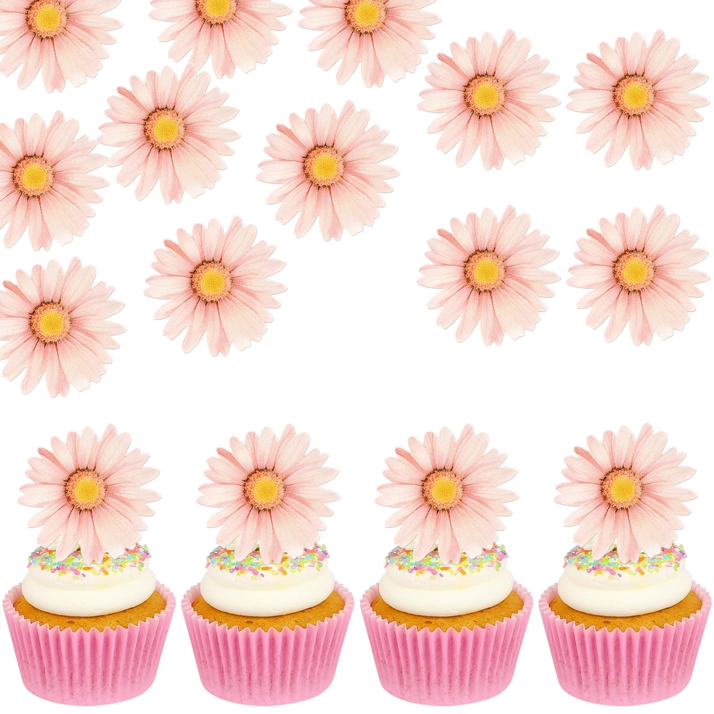 60 Pcs Edible Daisy Cupcake Toppers Wafer Paper Daisy Cupcake Picks Edible Sunflower Birthday Party Decorations For Baby Shower Wedding Engagement Birthday Party Cake Food Decorations Supplies Pink