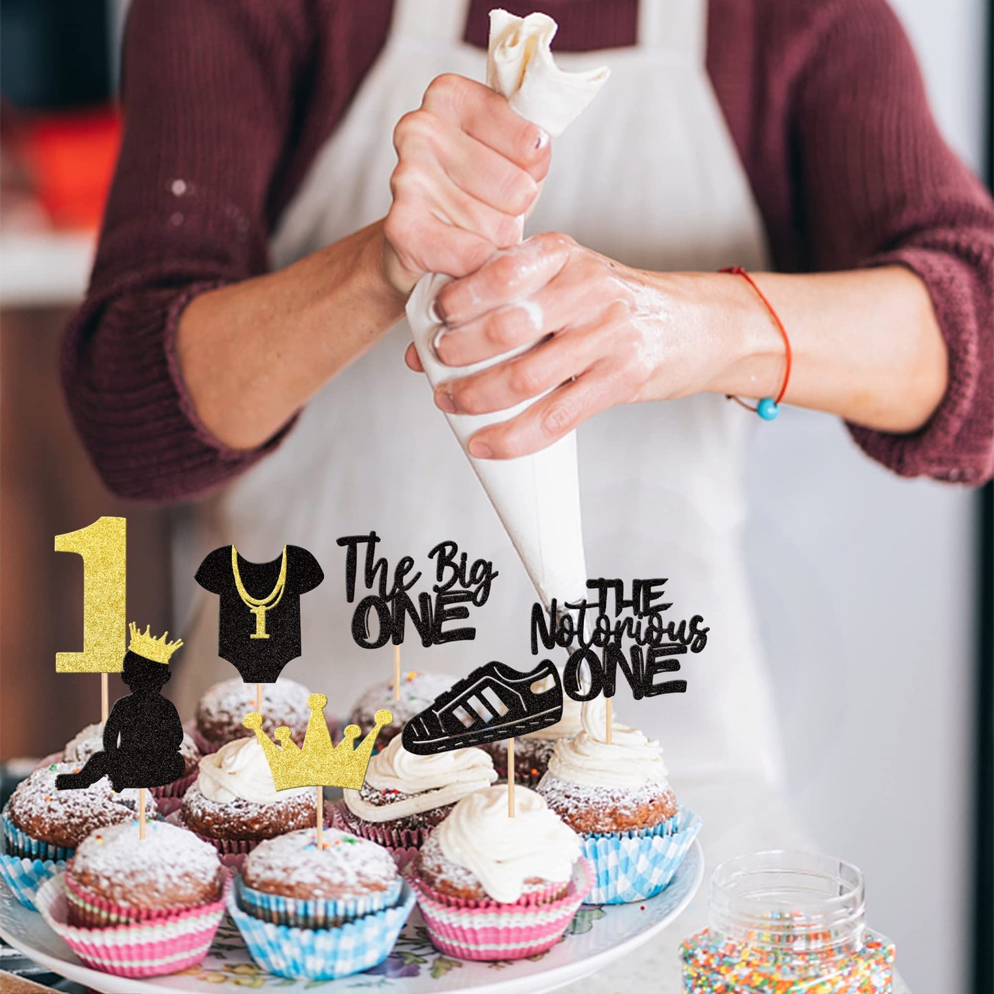28 Pcs The Notorious One Cupcake Toppers Black Glitter Hip Hop 1St Birthday Cupcake Picks The Big One Number 1 Cake Decorations
