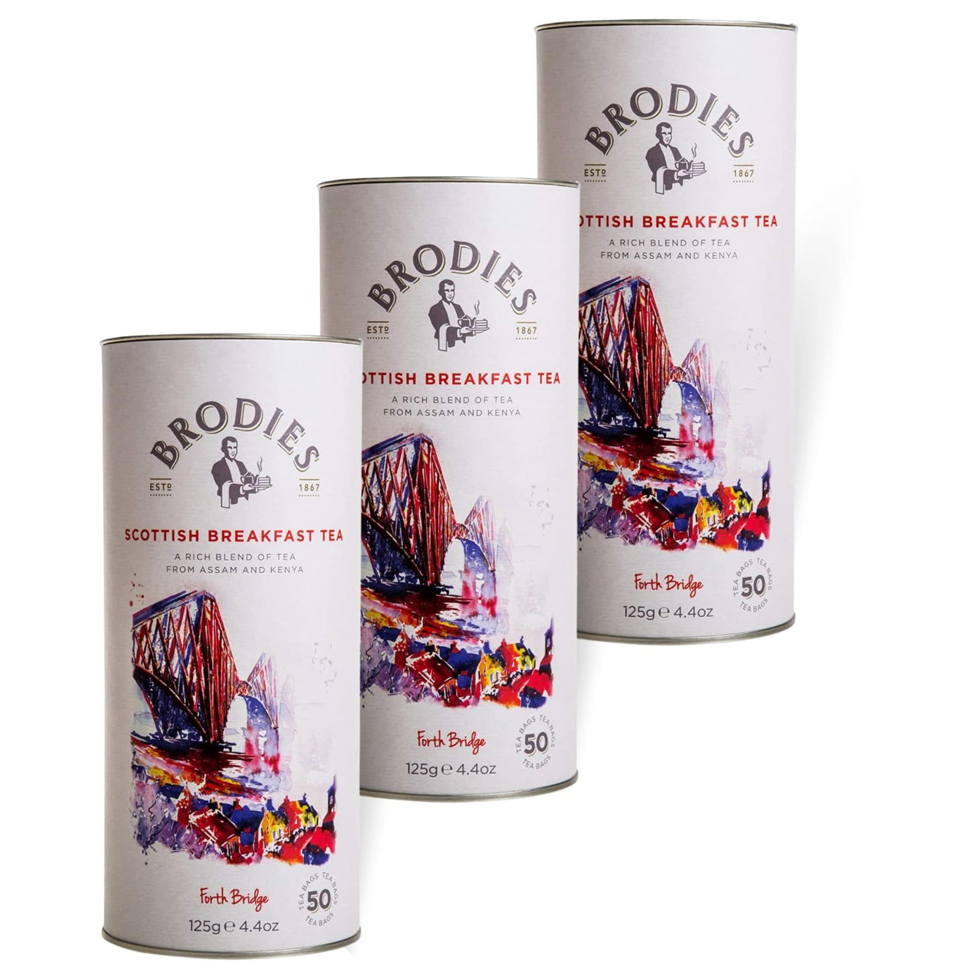Brodies Tea, Scottish Breakfast Tea, Black Tea Imported from Scotland, Canister of 50 Bags (Pack of 3)
