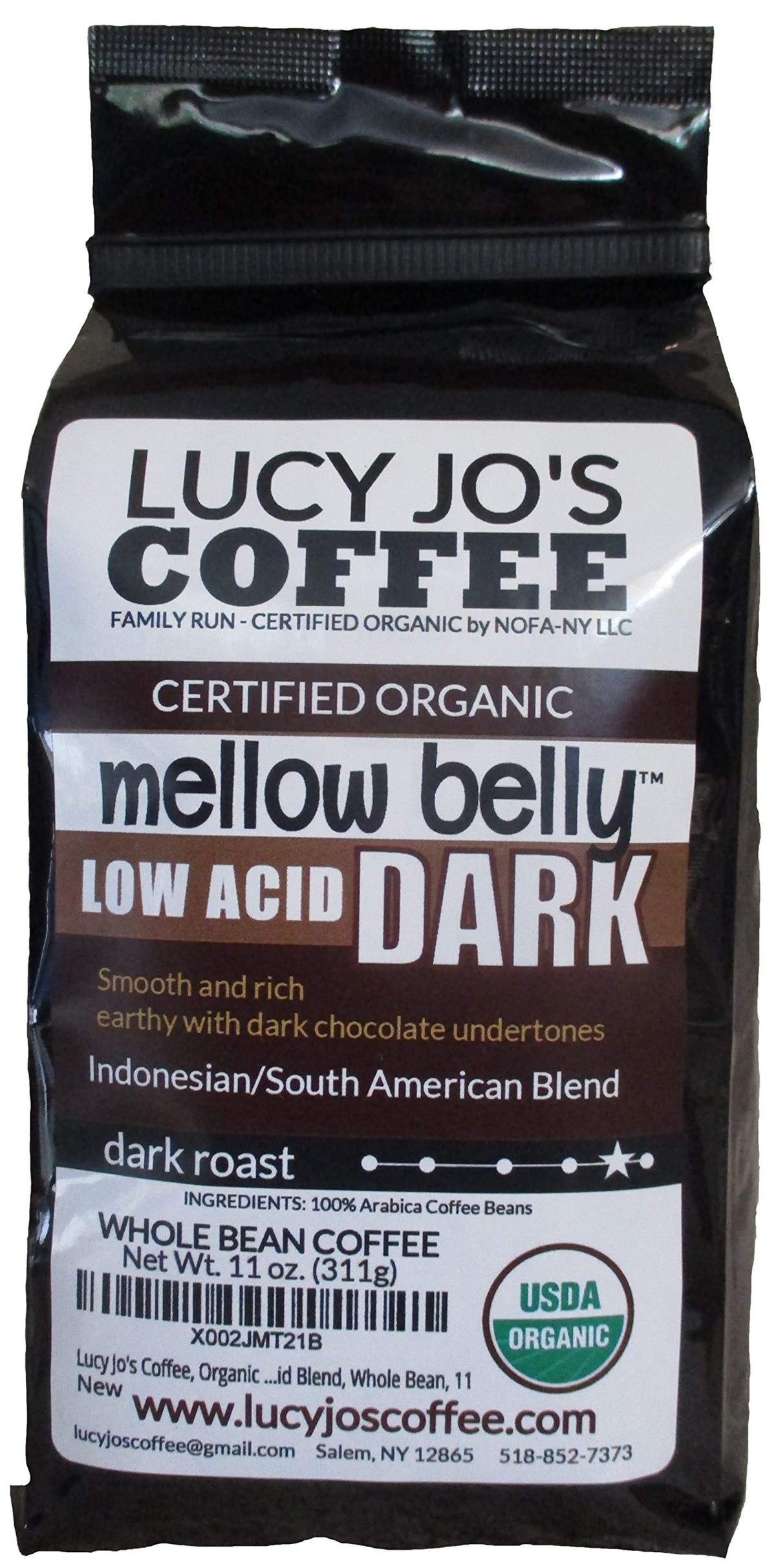 Lucy Jo'S Coffee, Organic Mellow Belly Dark Low Acid Blend, Whole Bean, 11 Oz