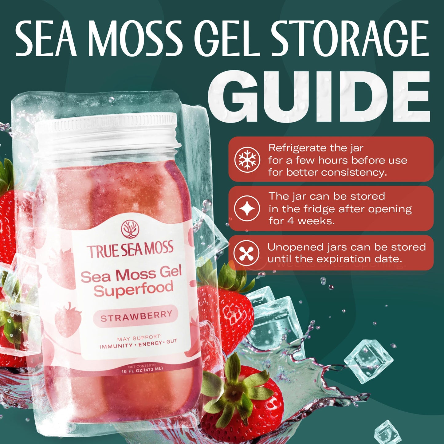 TrueSeaMoss Sea Moss Gel - Made in USA - Wildcrafted Seamoss  Fresh Fruits & Jarred Vegetables - Strawberry  Pack of 2 (Labels may Vary)