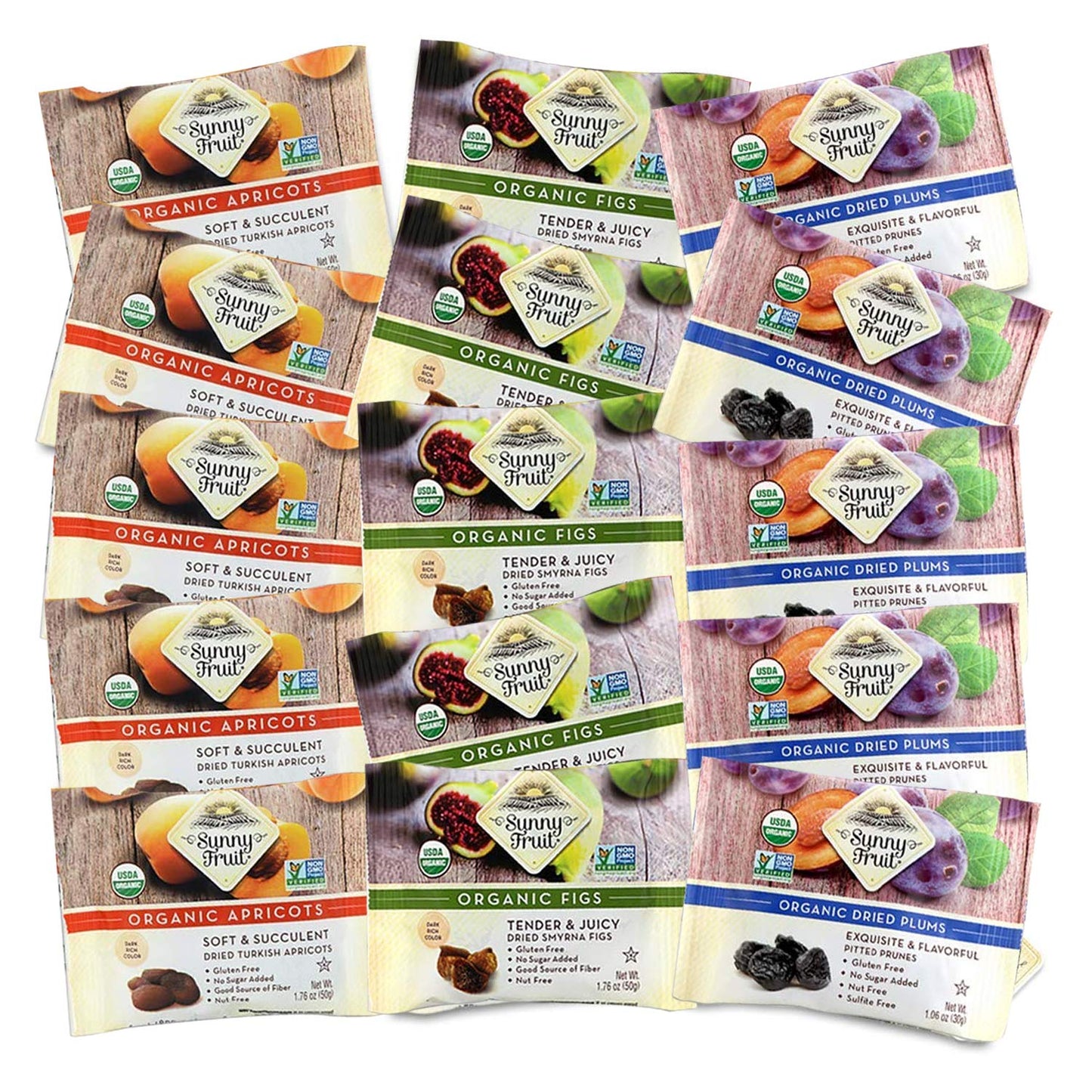 SUNNY FRUIT Organic Dried Fruit Assortment - Prunes, Figs & Apricots, 15 Packs (1.76 oz each), Vegan, Non-GMO, No Sugar Added