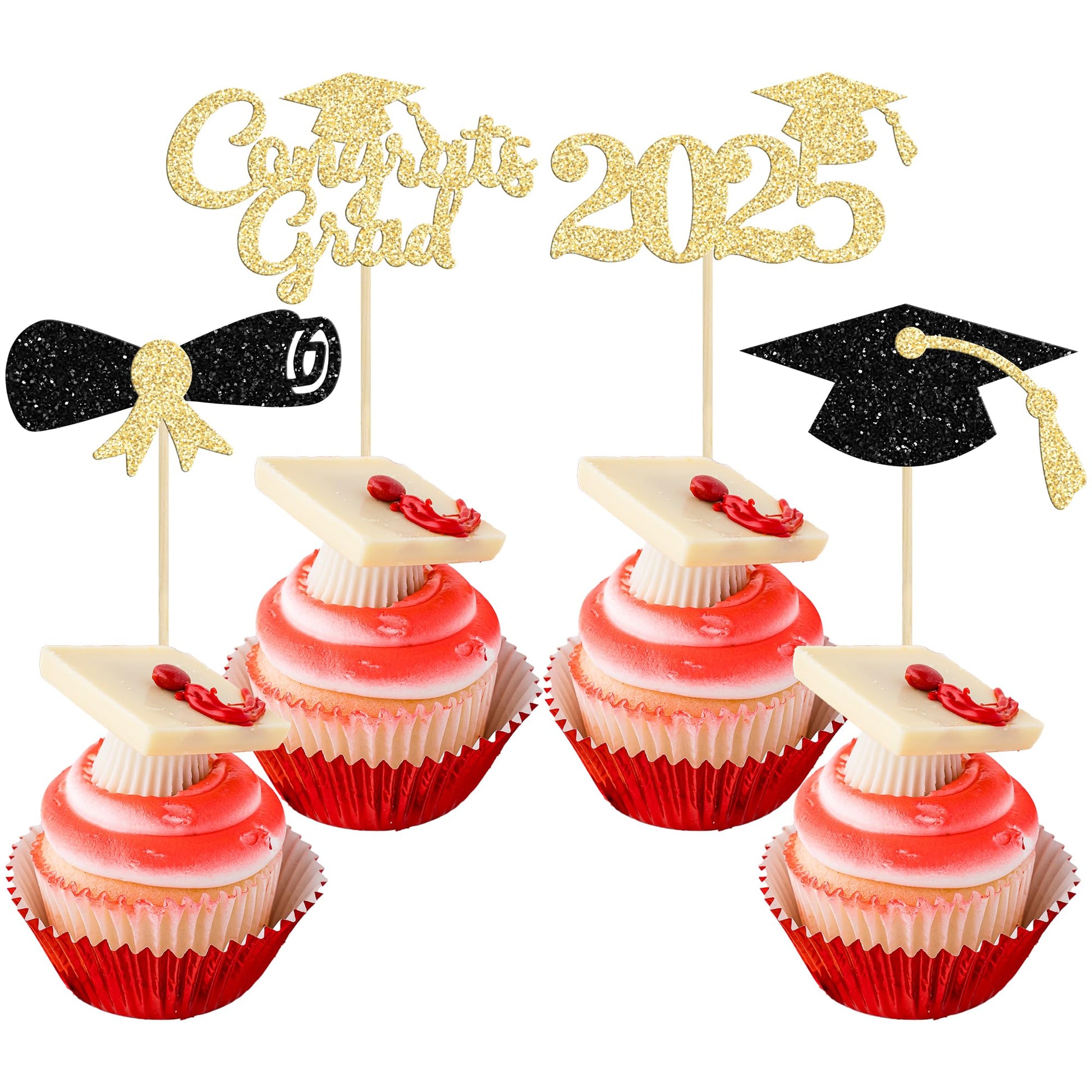 Gyufise 24Pcs 2025 Graduation Cupcake Toppers Black Glitter Congrats Grad 2025 Graduation Cap Diploma Cupcake Picks 2025 Graduat