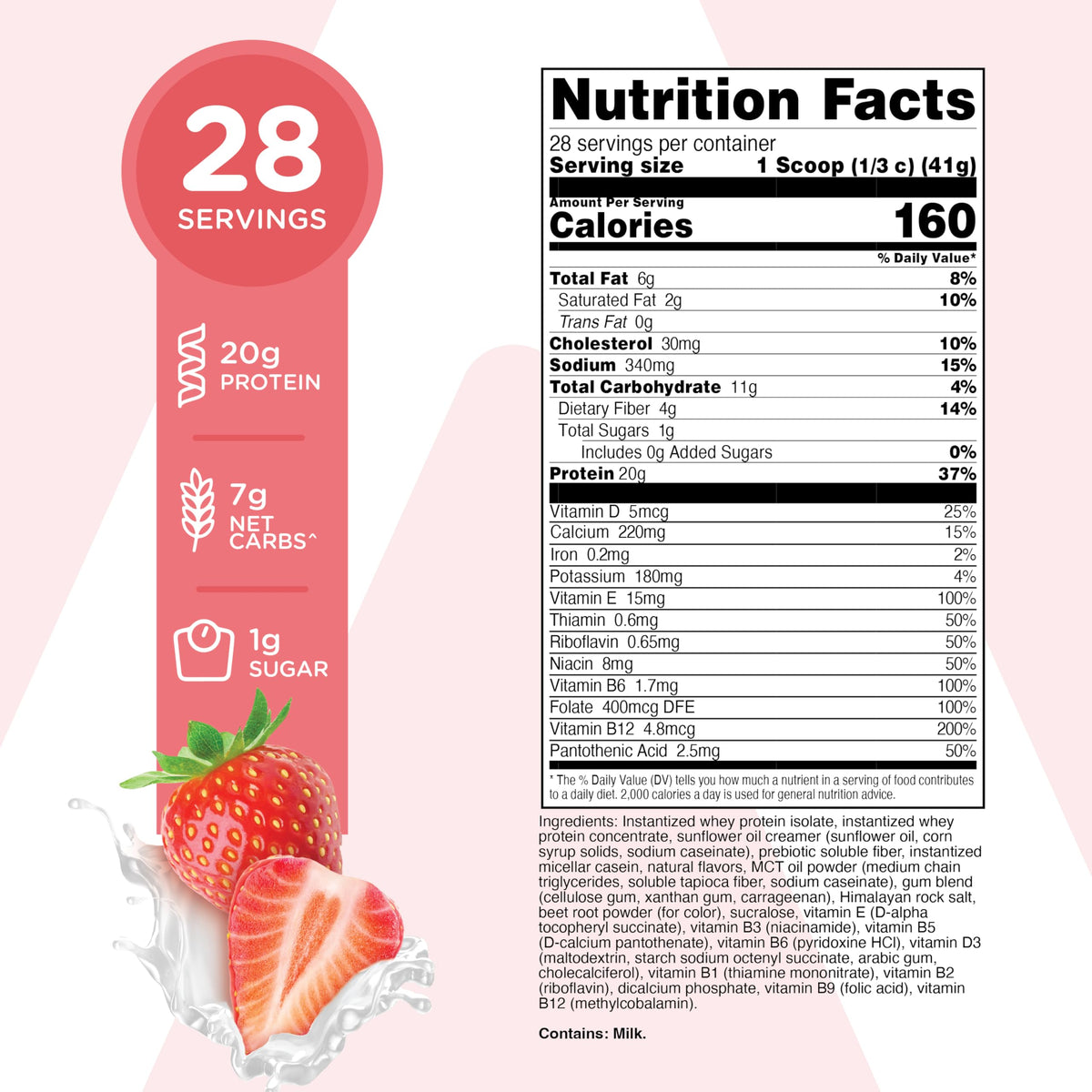 TransformHQ Meal Replacement Shake Powder 28 Servings (Strawberry & Cream) - Gluten Free, Non-GMO
