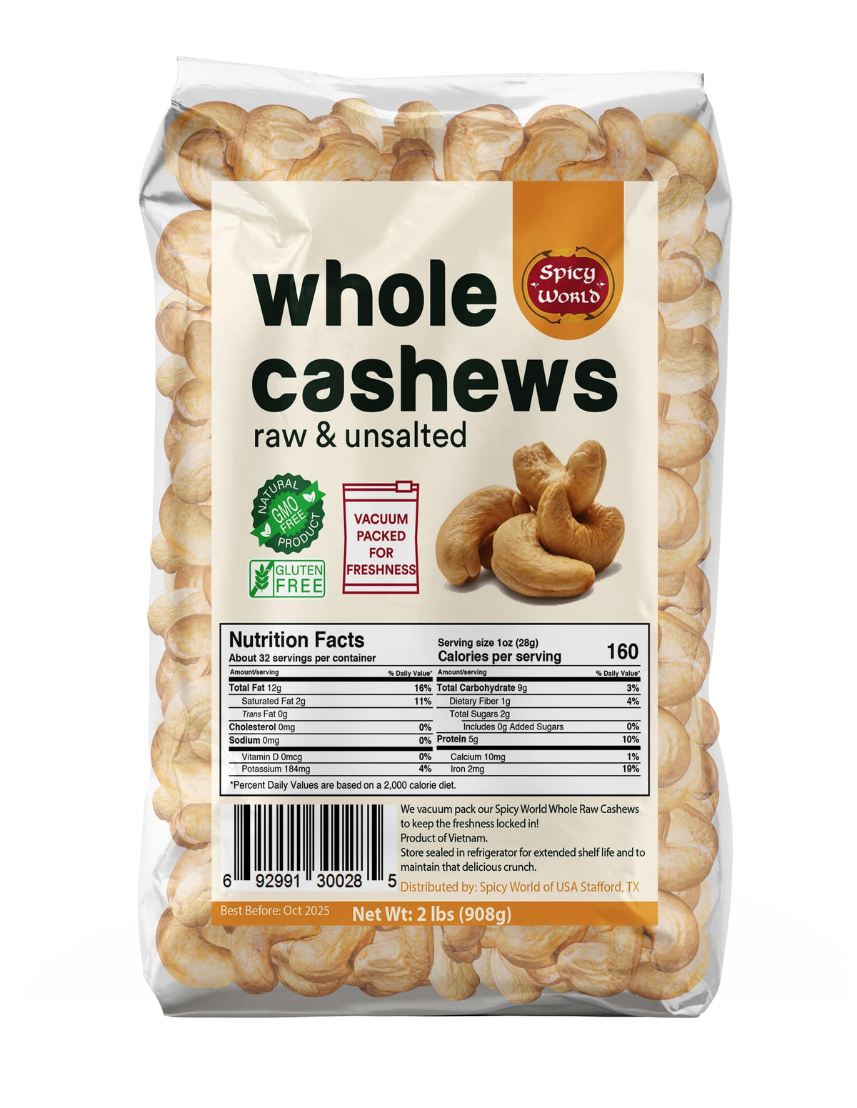 Spicy World Raw Cashews Whole 2 Pound (32oz) - Non-GMO, Unsalted, Natural & Pure Whole Cashews - Great for Pesto, Salads, Baking