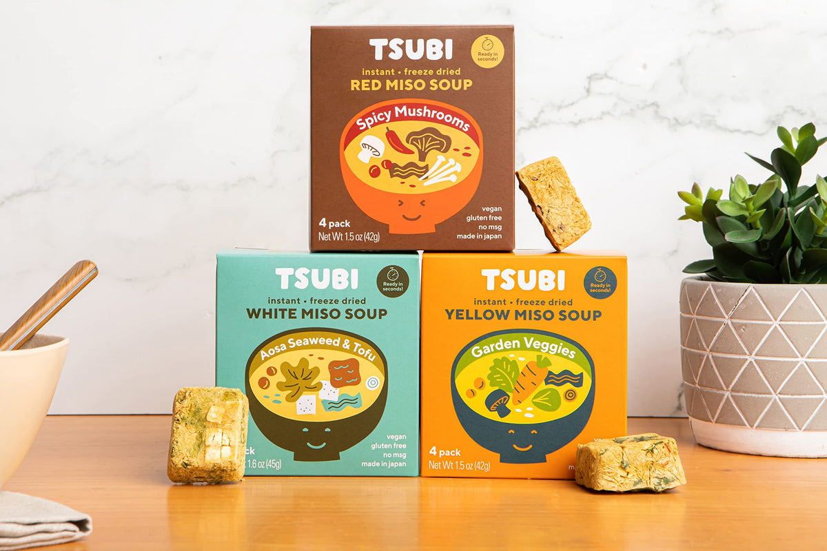 Tsubi Soup Freeze-Dried Japanese Miso Soup Packets - Instant  Vegan  Easy Mix  Gluten & MSG-Free  and Flavorful - Ready in Seconds - Authentic Taste of Japan - Best Trio Flavor - 12 Packs