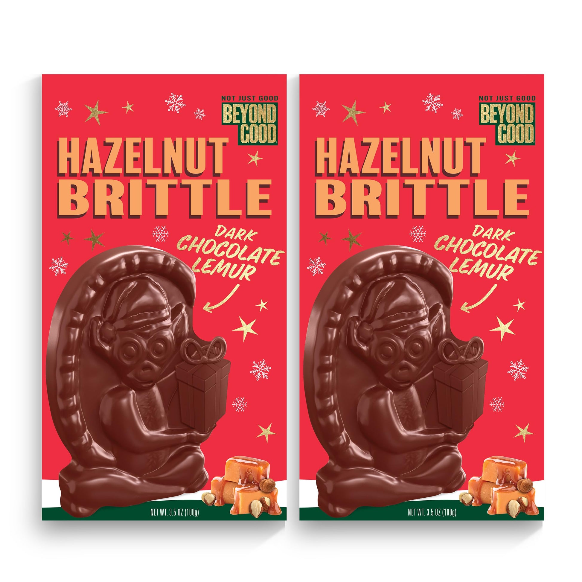 Beyond Good 60% Cocoa Dark Chocolate Hazelnut Brittle Lemur - Holiday 2 Pack | Direct Trade  Non-Gmo | Single Oriflavor Blend Heirloom Madagascar Dark Chocolate